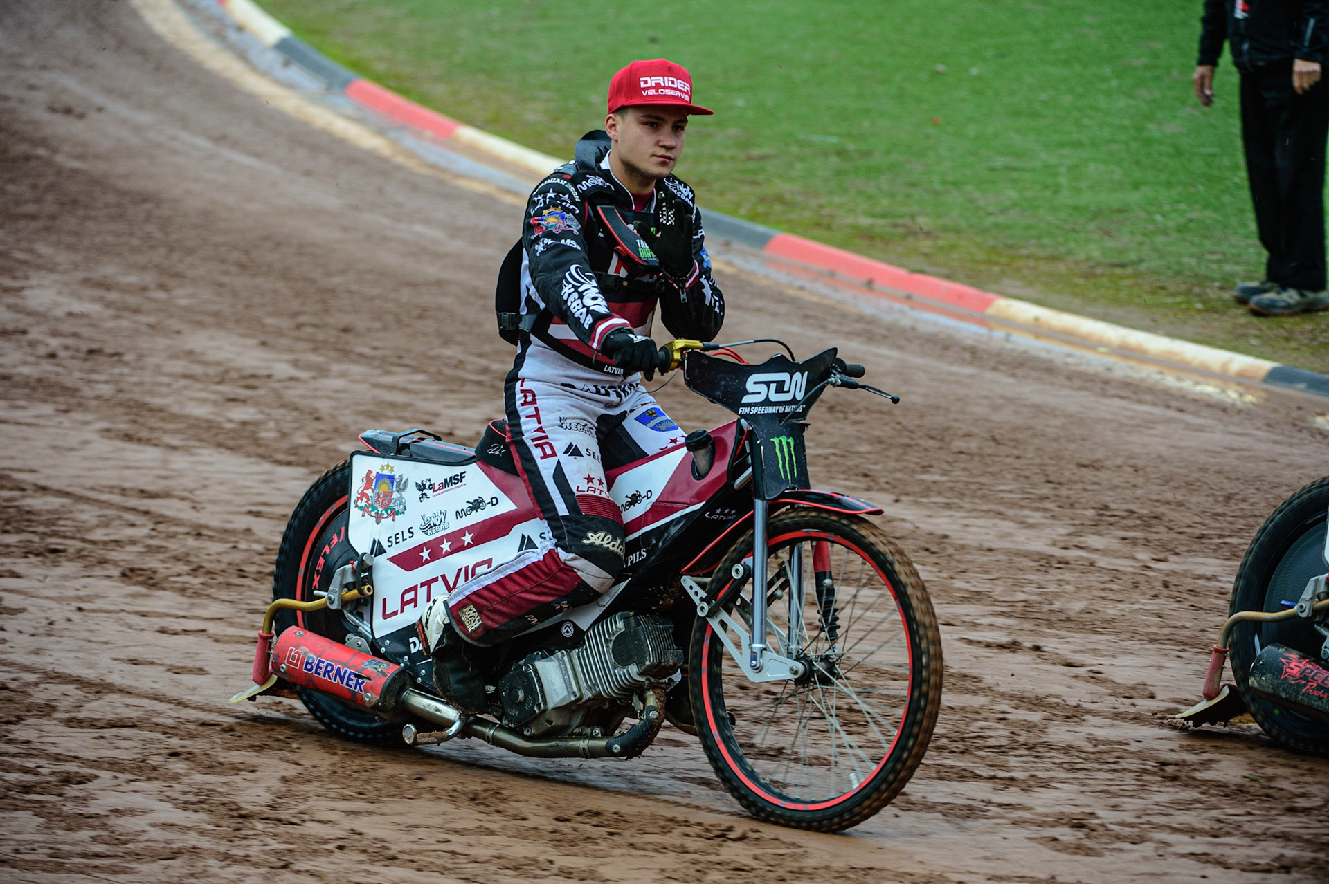 MANCHESTER, UK. OCT 17TH Olegs Mijailovs of Latvia on the parade during the Monster Energy FIM Speedway of Nations at the National Speedway Stadium, Manchester on Sunday  17th October 2021. (Credit: Ian Charles | MI News)