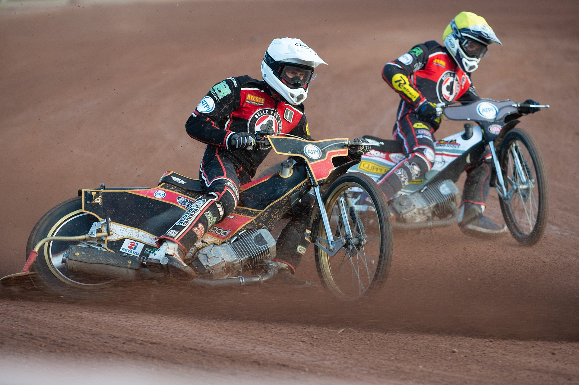Photo by Ian Charles:

Max Fricke  (White) and Steve Worrall  (Yellow)

Wolverhampton Wolves v Belle Vue Aces, British Speedway Premiership 5 August 2019