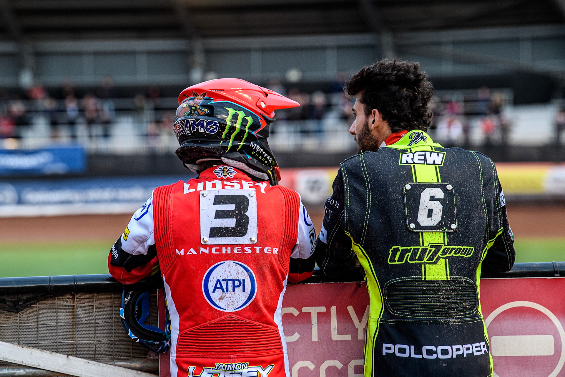 Belle Vue Aces' Jaimon Lidsey (Left) chats with Ipswich Witches' Keynan Rew during the Rowe Motor Oil Premiership match between Belle Vue Aces and Ipswich Witches at the National Speedway Stadium, Manchester on Monday 1st July 2024. (Photo: Ian Charles | MI News)