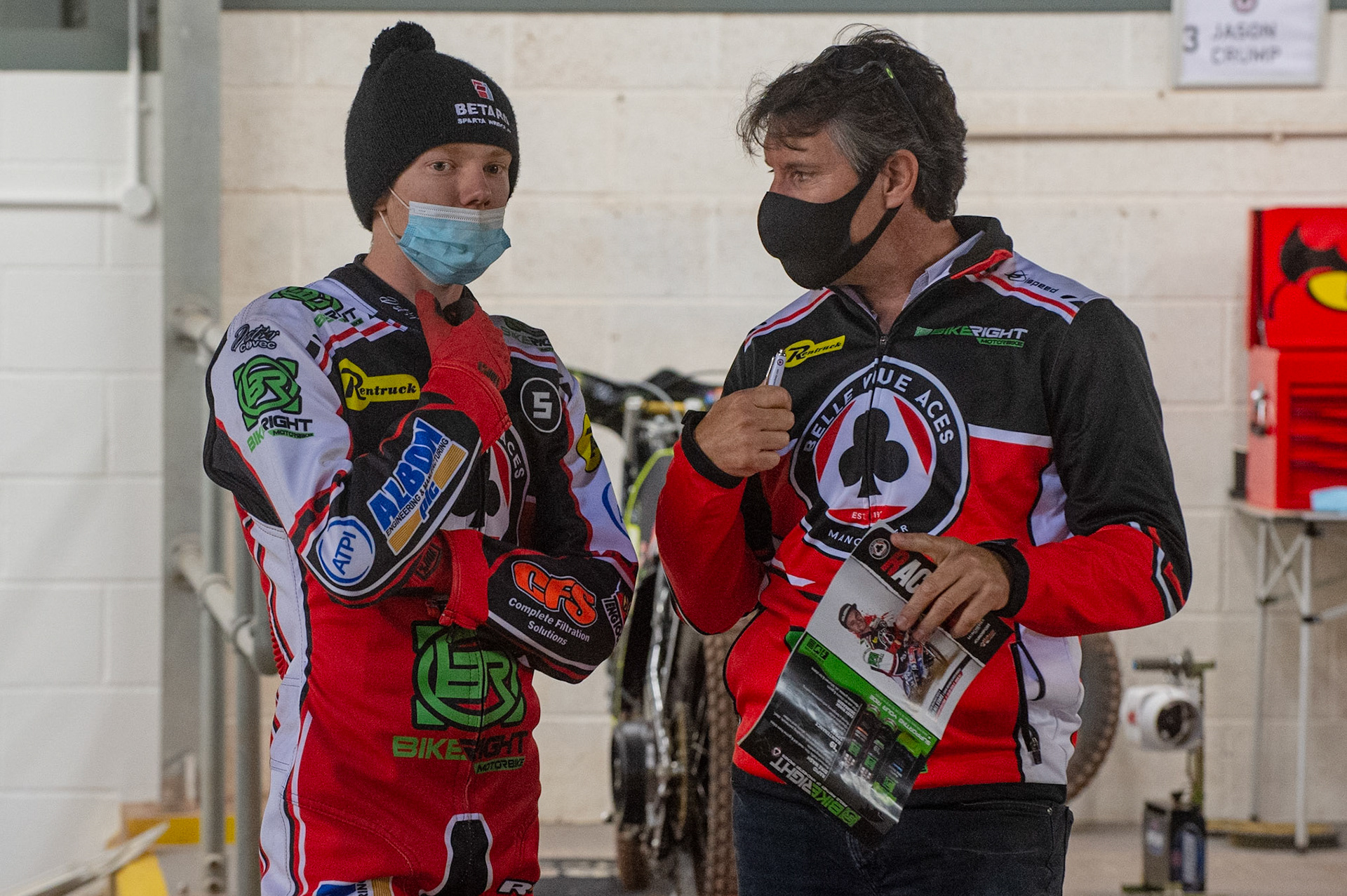 Photo: Ian CharlesDan  Bewley (left) with Mark Lemon, team manager of Belle Vue 'BikeRight' AcesBelle Vue ‘Bikerite ’Aces v ‘ATPI’ All Stars, Premiership Challenge, National Speedway Stadium, Manchester Thursday  24  September  2020