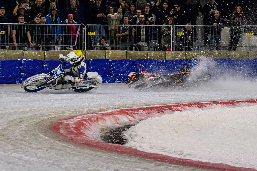 Reserve  Sweden's Filip Jäger (17) slides off into the bales during the FIM Ice Speedway Gladiators World Championship Final 3 at Ice Rink Thialf, Heerenveen on Saturday 6th April 2024. (Photo: Ian Charles | MI News)