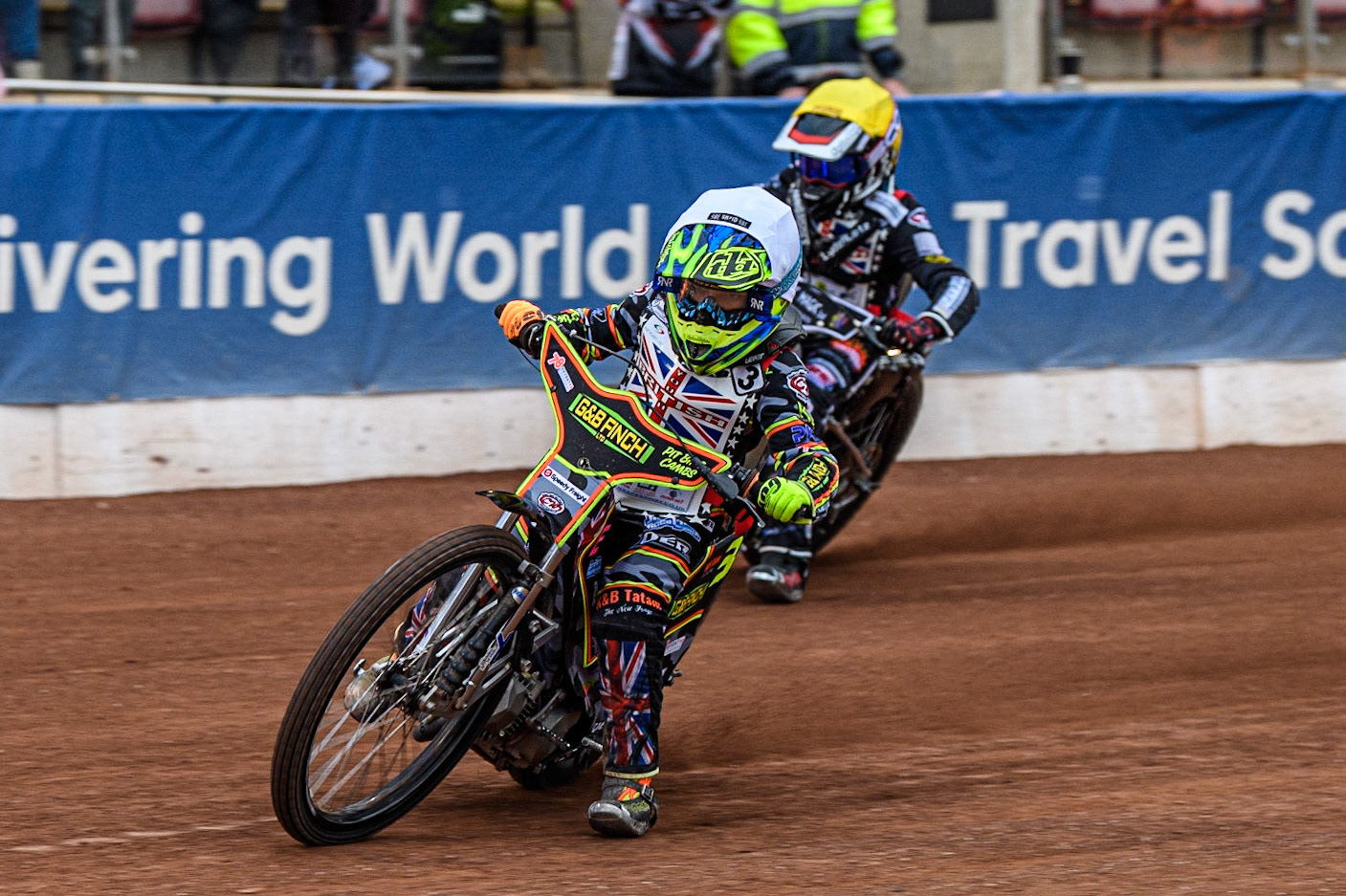 Archie Rolph  (White) leads Emerson Betty  (Yellow) during the British Youth Championships at the National Speedway Stadium, Manchester on Friday 12th May 2023. (Photo: Ian Charles | MI News)