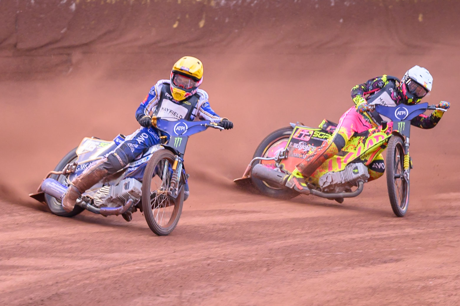 Robert Lambert (505) of Great Britain in Yellow leading Michael Jepsen Jensen (52) of Denmark in White during the ATPI  FIM Speedway GP of Manchester at the National Speedway Stadium, Manchester on Saturday 6th June 2026. (Photo: Ian Charles | MI News)