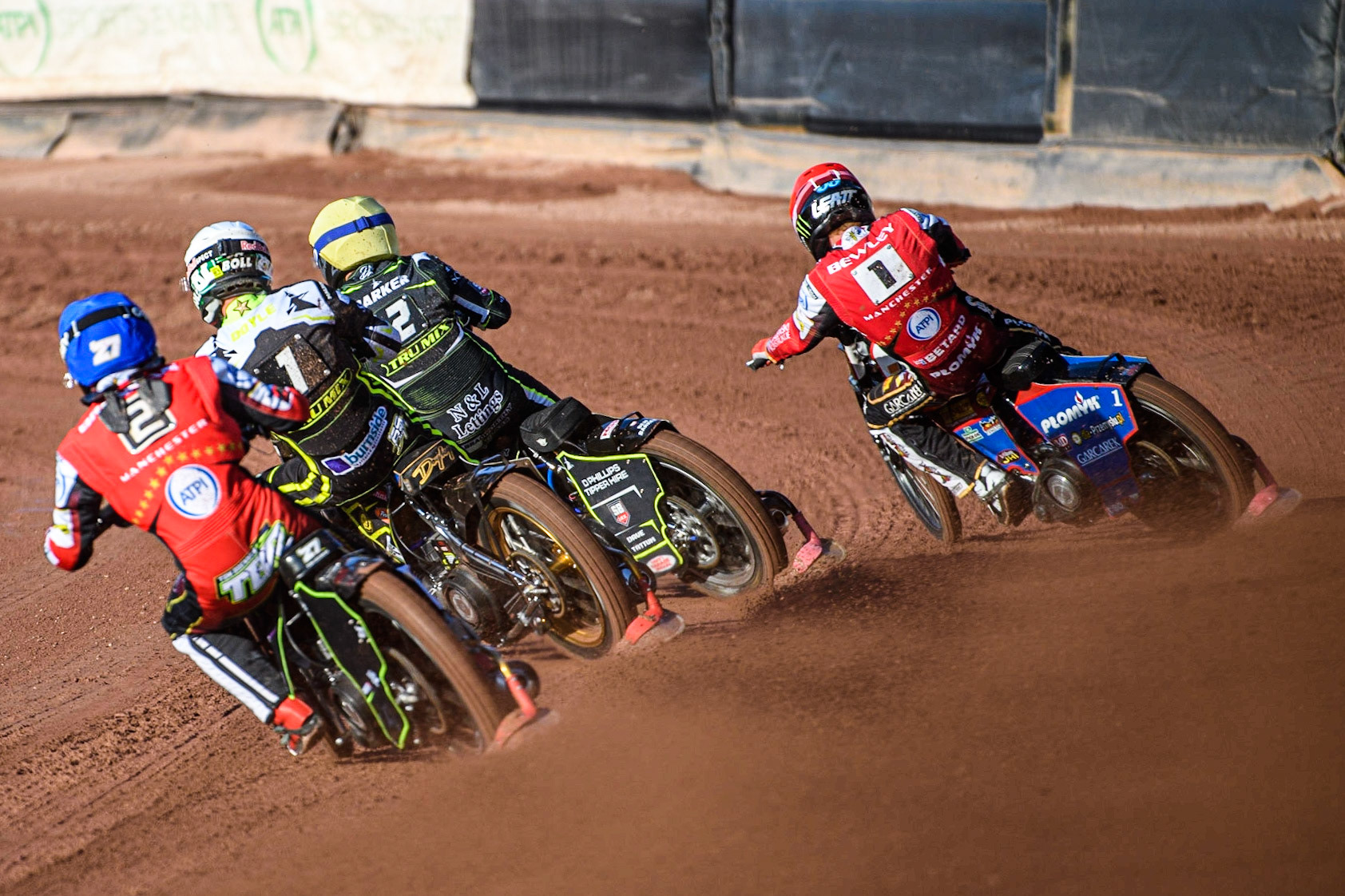 Tom Brennan (Blue) chases Jason Doyle (White), Ben Barker (Yellow) and Dan Bewley (Red) during the Sports Insure Premiership match between Belle Vue Aces and Ipswich Witches at the National Speedway Stadium, Manchester on Monday 5th June 2023. (Photo: Ian Charles | MI News)