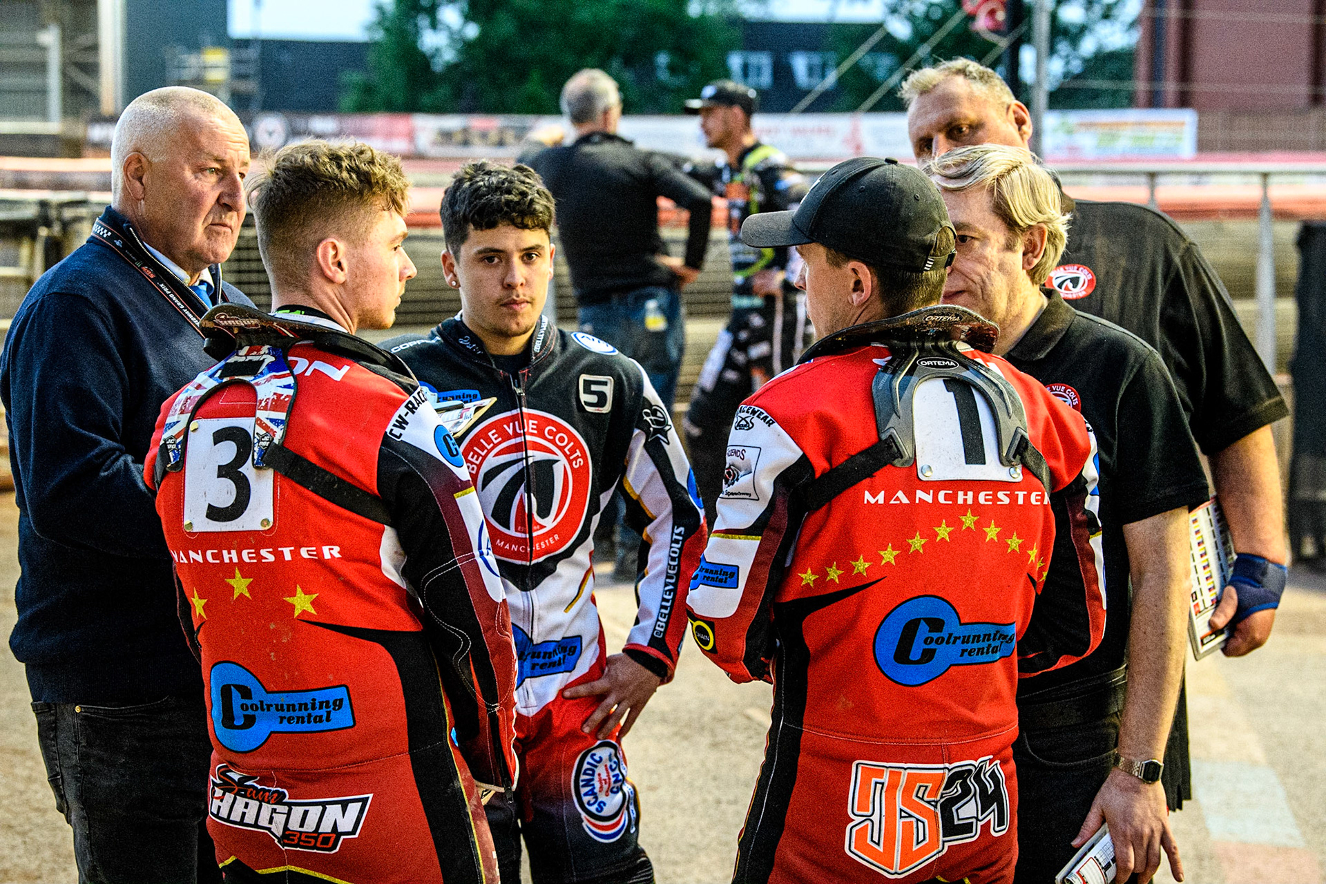 Colts team meeting during the National Development League match between Belle Vue Colts and Mildenhall Fens Tigers at the National Speedway Stadium, Manchester on Friday 26th May 2023. (Photo: Ian Charles | MI News)