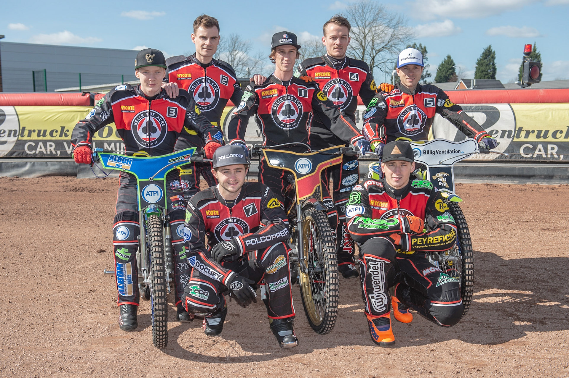 Photo by Ian Charles:

Belle Vue Aces: 
Rear: (l-r) Dan Bewley, Steve Worrall, Max Fricke, Ricky Wells, Kenneth Bjerre,
Kneeling: Jaimon Lidsey, Dimitri Berge

Belle Vue Speedway Press & Practice Day, National Speedway Stadium, Manchester, Monday, 25, March, 2019