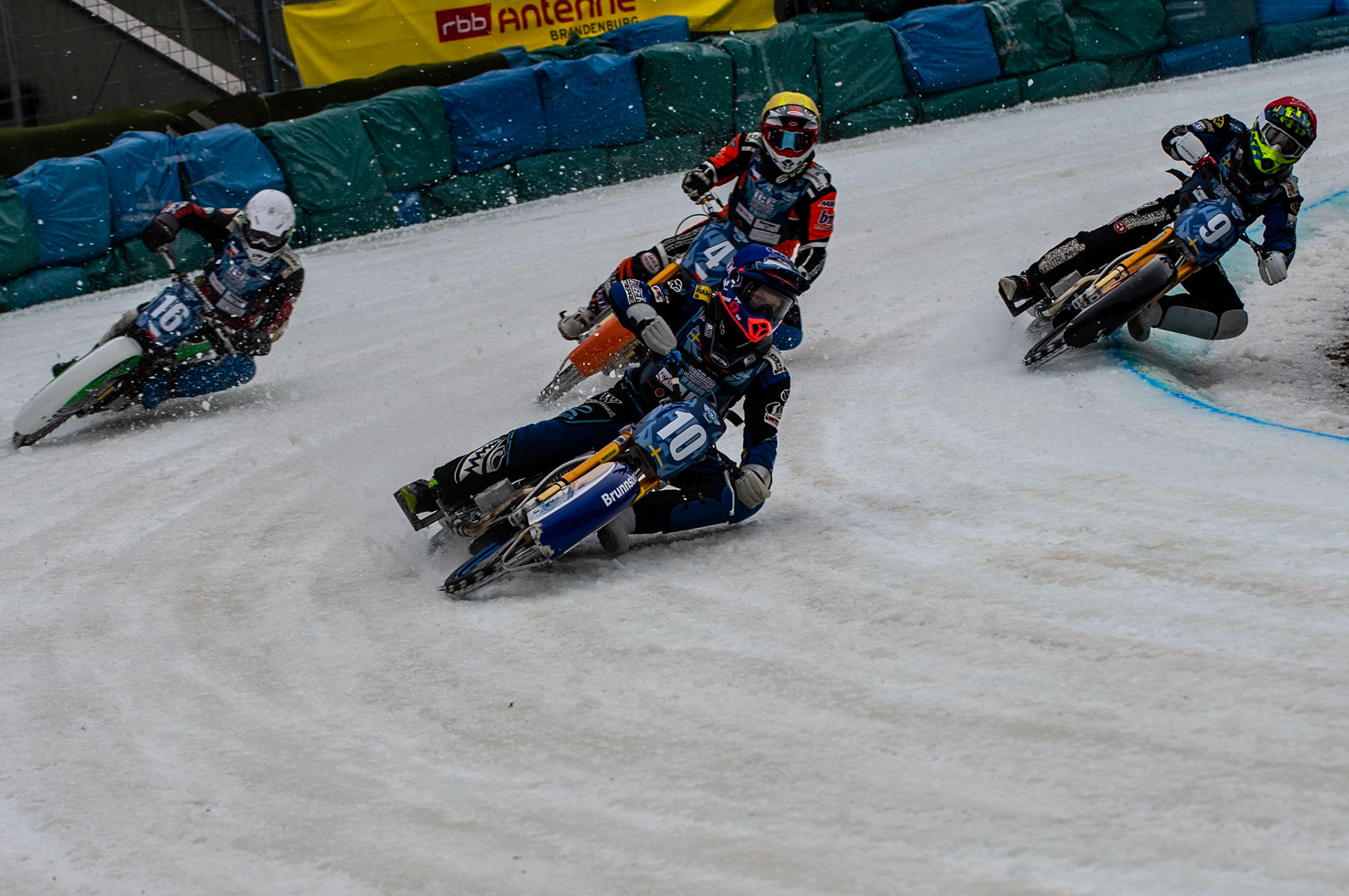 BERLIN GERMANY  - March 1  Niclas Svensson (Blue) leads Martin Haarahiltunen (Red) Andrej Divis (White) and Lukas Hutla (Yellow)  during the Ice Speedway of Nations at the Horst-Dohm-Eisstadion, Berlin,  on Sunday 1 March 2020. (Credit: Ian Charles | MI News)