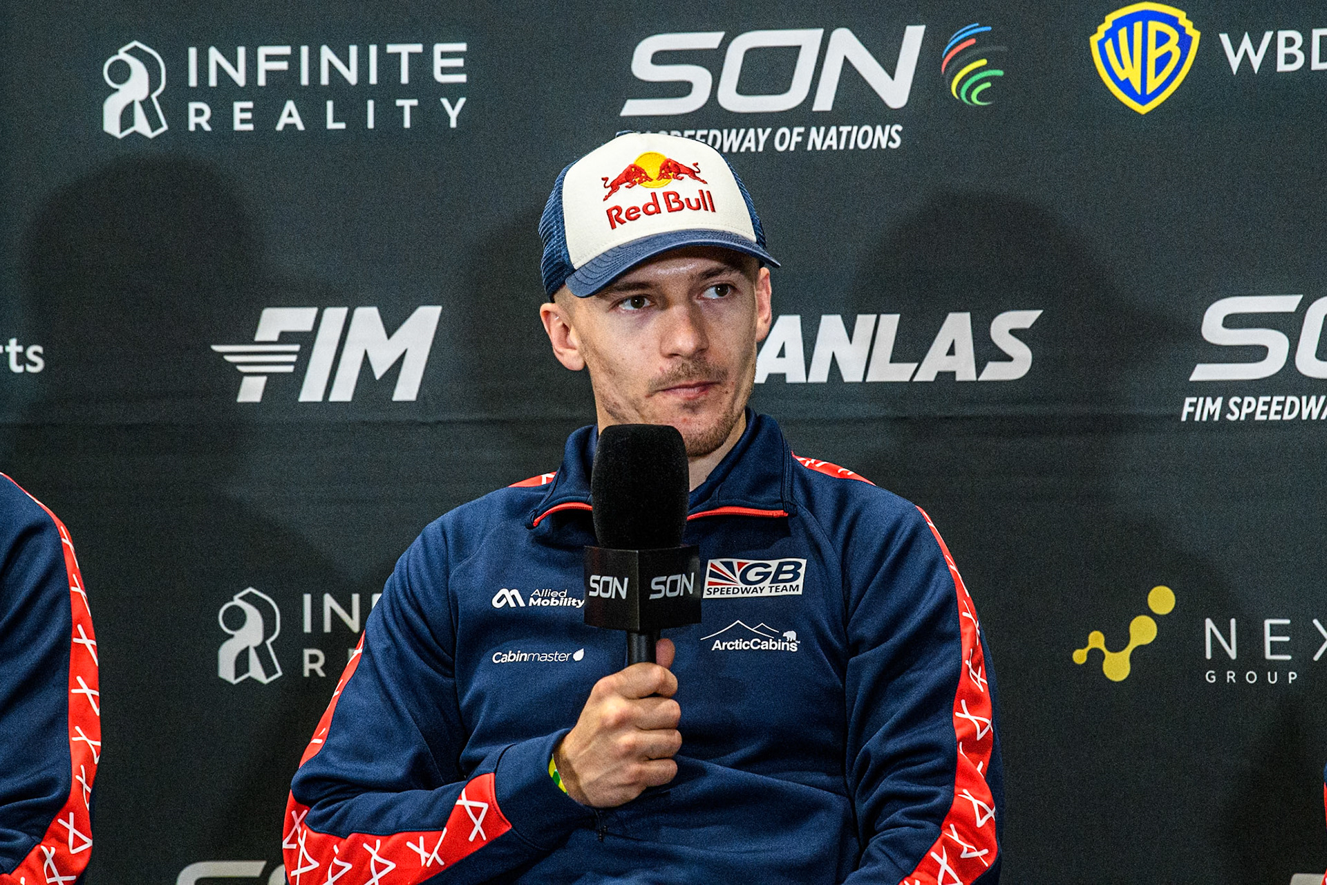 Great Britain Team Captain Robert Lambert in the Press Conference during the Monster Energy FIM Speedway of Nation Semi Final 2 at the National Speedway Stadium, Manchester on Wednesday 10th July 2024. (Photo: Ian Charles | MI News)