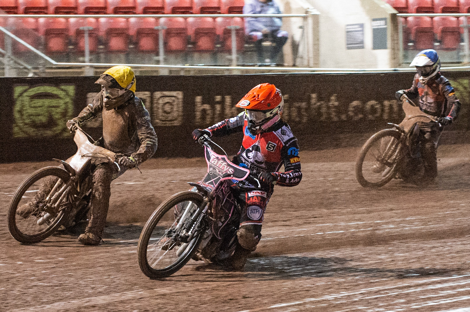 Photo: Ian Charles

Leon Flint  (Red) inside Matt Marson  (Yellow) with Ben Rathbone  (Blue) behind

Belle Vue Colts v Mildenhall Fen Tigers, National League, Belle Vue National Speedway Stadium, Manchester, Monday 2  September  2019