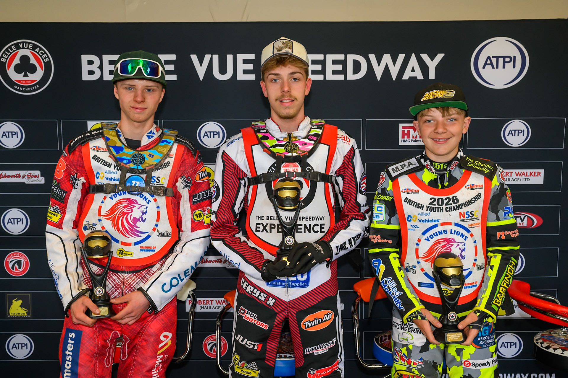 Winners: (L to R) Stene Pijper (159) (500cc winner), Ace Pijper Colts Individual winner), 'Archie Rolph (3) (250cc Winner during the British Youth Speedway Championship &amp; JR Ashworth &amp; Sons Colts Individual at the National Speedway Stadium, Manchester on Sunday 10th May 2026. (Photo: Ian Charles | MI News)