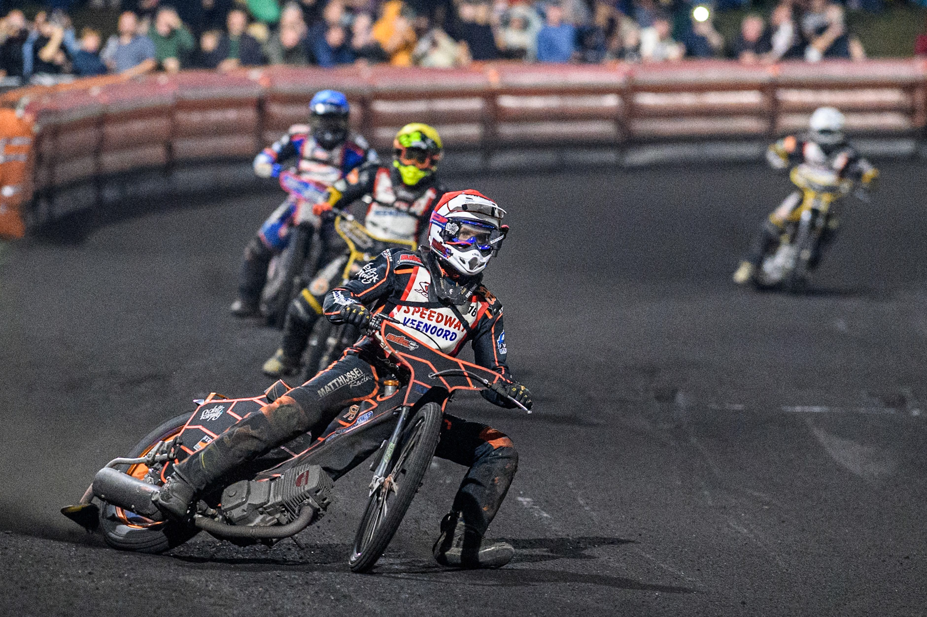 Henry van der Steen of The Netherlands in Red leading Rene van Weele of The Netherlands in Yellow and Kevin Glorie of The Netherlands in Blue during the Golden JOPA Helmet at Sportpark Veenoord, Veenoord, Netherlands on Saturday 21st September 2024. (Photo: Ian Charles | MI News)