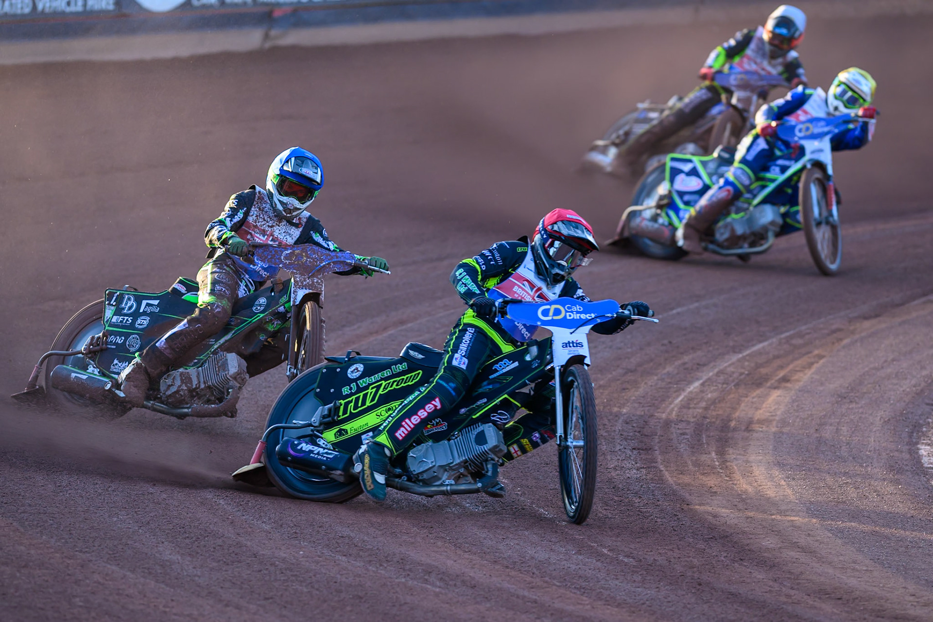 Danny King (10) in Red leading Charles Wright (11) in Blue , Jake Mulford (12) in Yellow and Jason Edwards (9) in White during the Cab Direct British Speedway Championship Final at the National Speedway Stadium, Manchester on Saturday 15th August 2026. (Photo: Ian Charles | MI News)