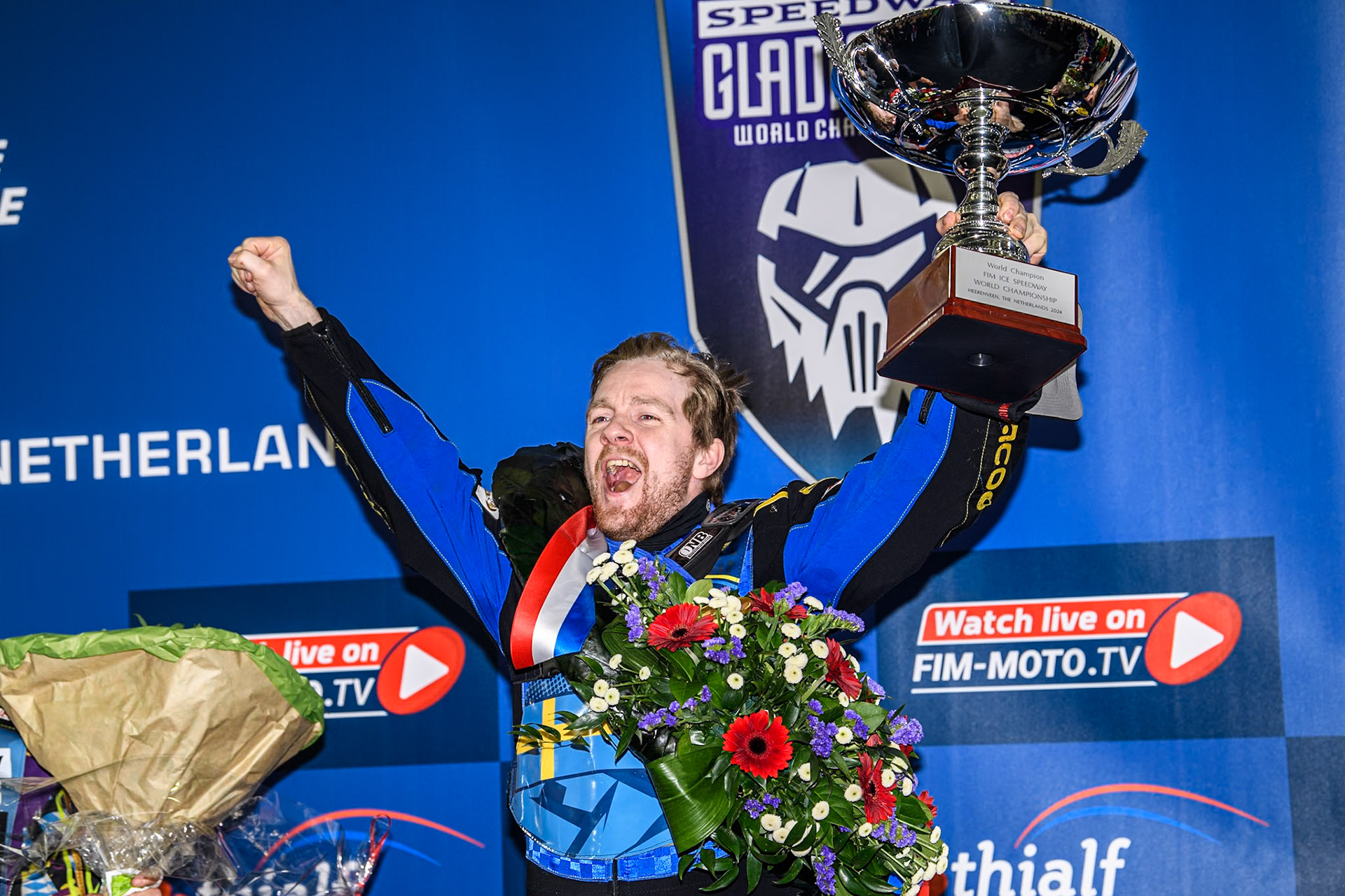 World Champion again! Sweden's Martin Haarahiltunen celebrates his third consecutive title during the FIM Ice Speedway Gladiators World Championship Final 4 at Ice Rink Thialf, Heerenveen on Sunday 7th April 2024. (Photo: Ian Charles | MI News)