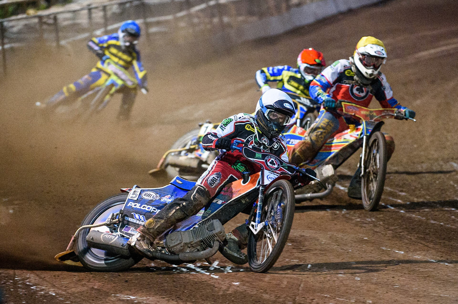 SHEFFIELD, UK. AUG 2NDBrady Kurtz  (White) leads Simon Lambert  (Yellow),Jack Holder (Red) and Troy Batchelor  (Blue) during the SGB Premiership match between Sheffield Tigers and Belle Vue Aces at Owlerton Stadium, Sheffield on Thursday 2nd September 2021. (Credit: Ian Charles | MI News)