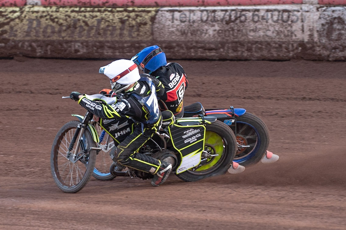 Photo by Ian Charles

Josh Grajczonek (White) and Dimitri Berge  (Blue) battle it out

Belle Vue Aces v Poole Pirates, British Speedway Premiership, Belle Vue National Speedway Stadium, Manchester, Monday 1  July  2019