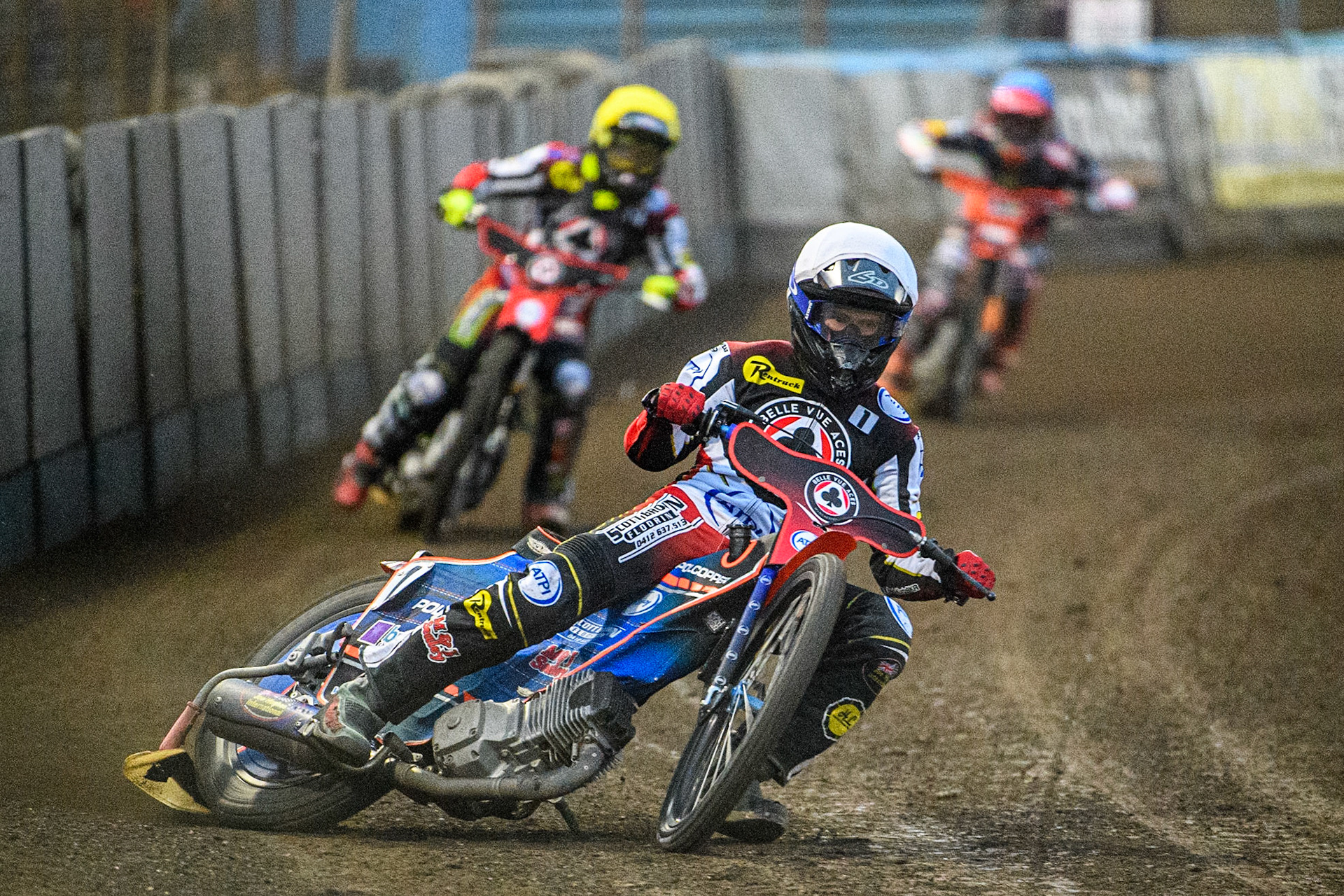 Brady Kurtz  (White) leads Tom Brennan (Yellow) and Jordan Jenkins (Blue) during the Sports Insure Premiership match between King's Lynn Stars and Belle Vue Aces at the Adrian Flux Arena, King's Lynn on Thursday 24th August 2023. (Photo: Ian Charles | MI News)