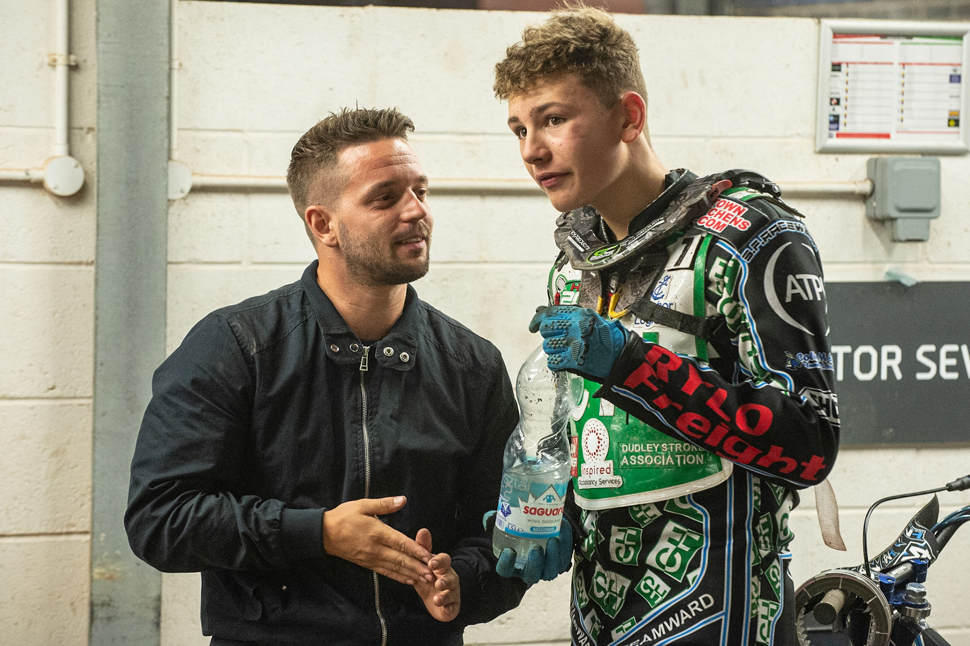 Photo: Ian Charles

Lasse Bjerre (left) chats with Harry McGurk 

Belle Vue Colts v Cradley Heathens, SGB National League, Belle Vue National Speedway Stadium, Manchester, Thursday 29  August  2019
