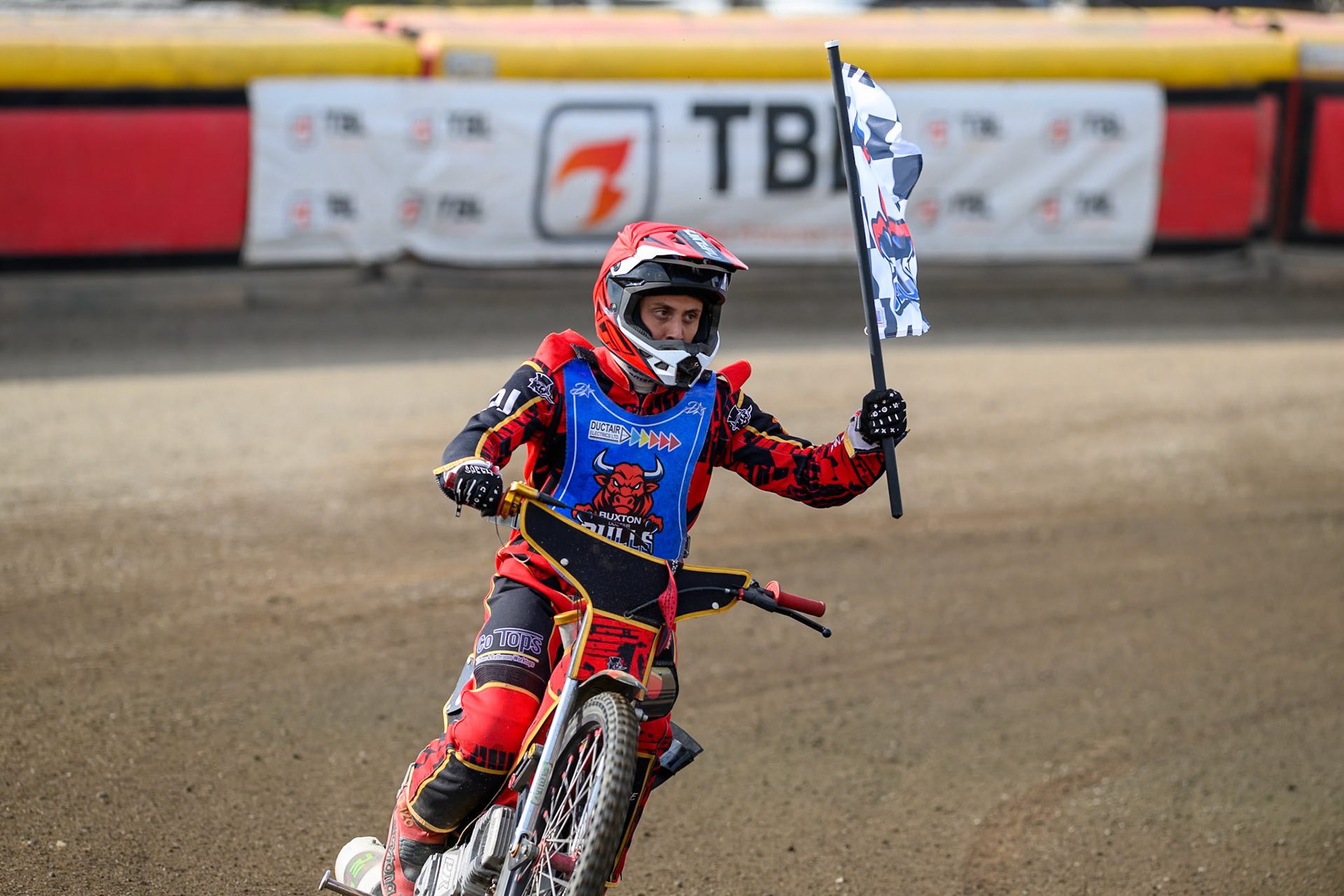 Luke Harris of Buxton Bulls celebrates with the Bulls Flag after his heat 12 win during the WSRA National Development League match  between Buxton Bulls and Middlesborough Tigers at Hi-Edge Speedway, Buxton on Sunday 16th August 2026. (Photo: Ian Charles | MI News)