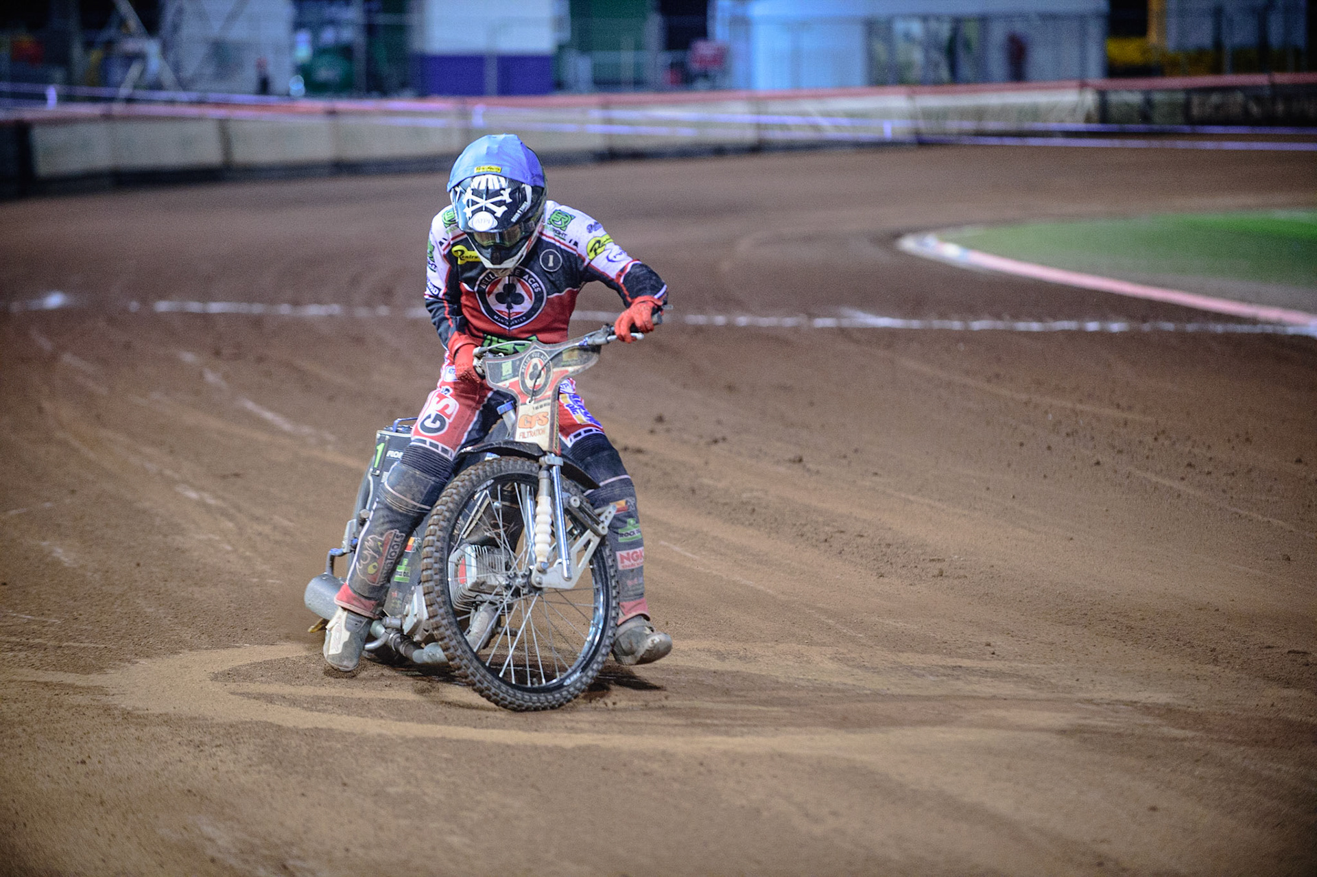 MANCHESTER, UK. OCT 11TH  Dan Bewley  does a do-nut on the track during the SGB Premiership Grand Final 1st Leg between Belle Vue Aces and Peterborough Panthers at the National Speedway Stadium, Manchester on Monday 11th October 2021. (Credit: Ian Charles | MI News)