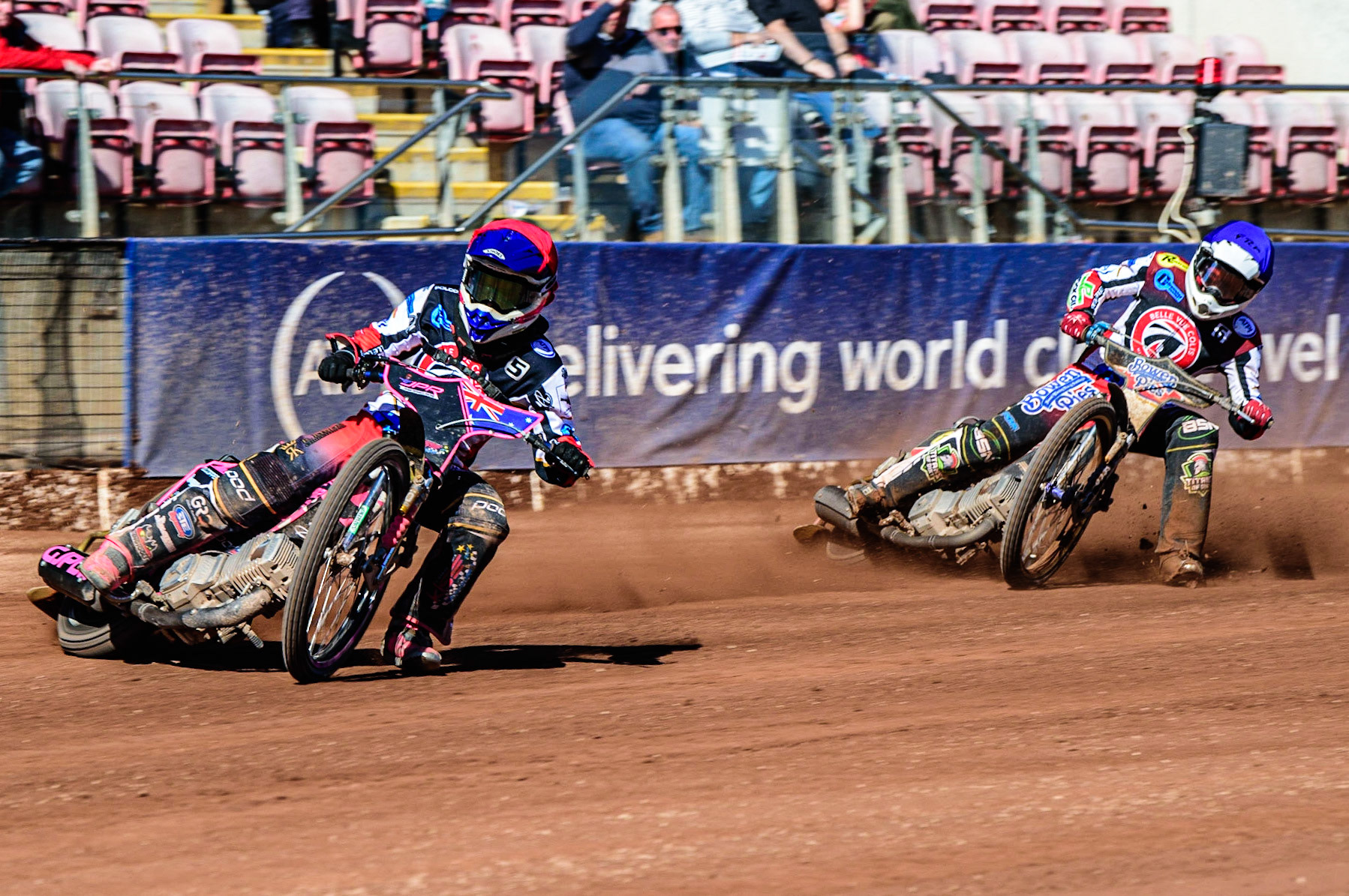 James Pearson   (Red) leads team mate Paul Bowen   (Blue) during the National Development League match between Belle Vue Colts and Berwick Bullets at the National Speedway Stadium, Manchester on Friday 7th April 2023. (Photo: Ian Charles | MI News)