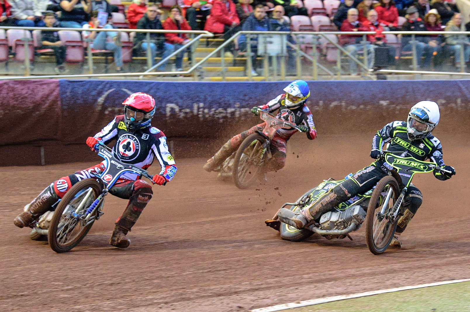 MANCHESTER, UK. JUN 6TH  Matej Žagar  (Red) leads Troy Batchelor  (White) and Charles Wright  (Blue)  during the SGB Premiership match between Belle Vue Aces and Ipswich Witches at the National Speedway Stadium, Manchester on Monday 6th June 2022. (Credit: Ian Charles | MI News)
