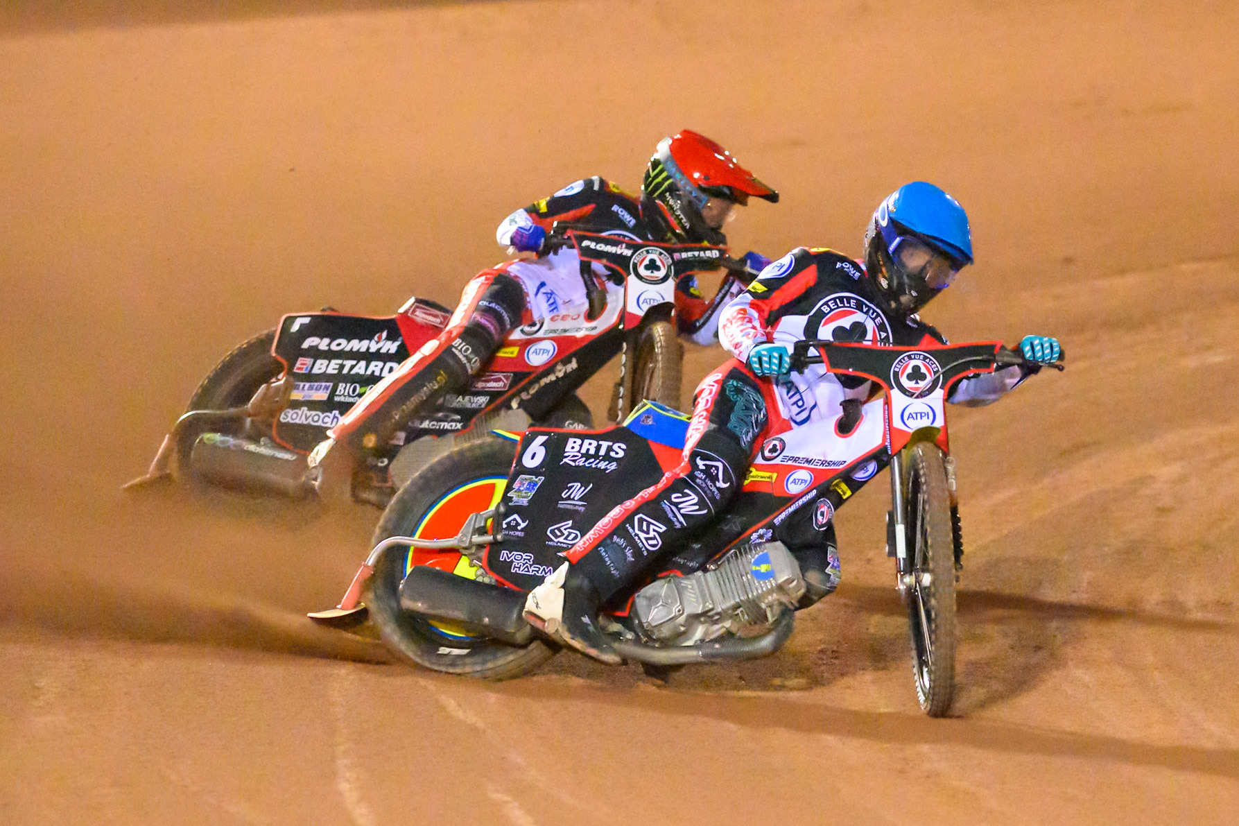 Tate Zischke of Belle Vue Aces   in Blue leading Dan Bewley of Belle Vue Aces   in Red during the Knockout Cup, Northern Section match between Belle Vue Aces and Sheffield Tigers at the National Speedway Stadium, Manchester on Monday 30th March 2026. (Photo: Ian Charles | MI News)
