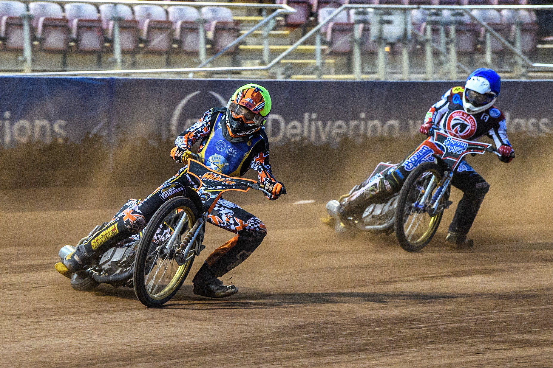 Mickie Simpson (Yellow) leads Paul Bowen (Blue) during the National Development League match between Belle Vue Colts and Edinburgh Monarchs Academy at the National Speedway Stadium, Manchester on Friday 21st July 2023. (Photo: Ian Charles | MI News)
