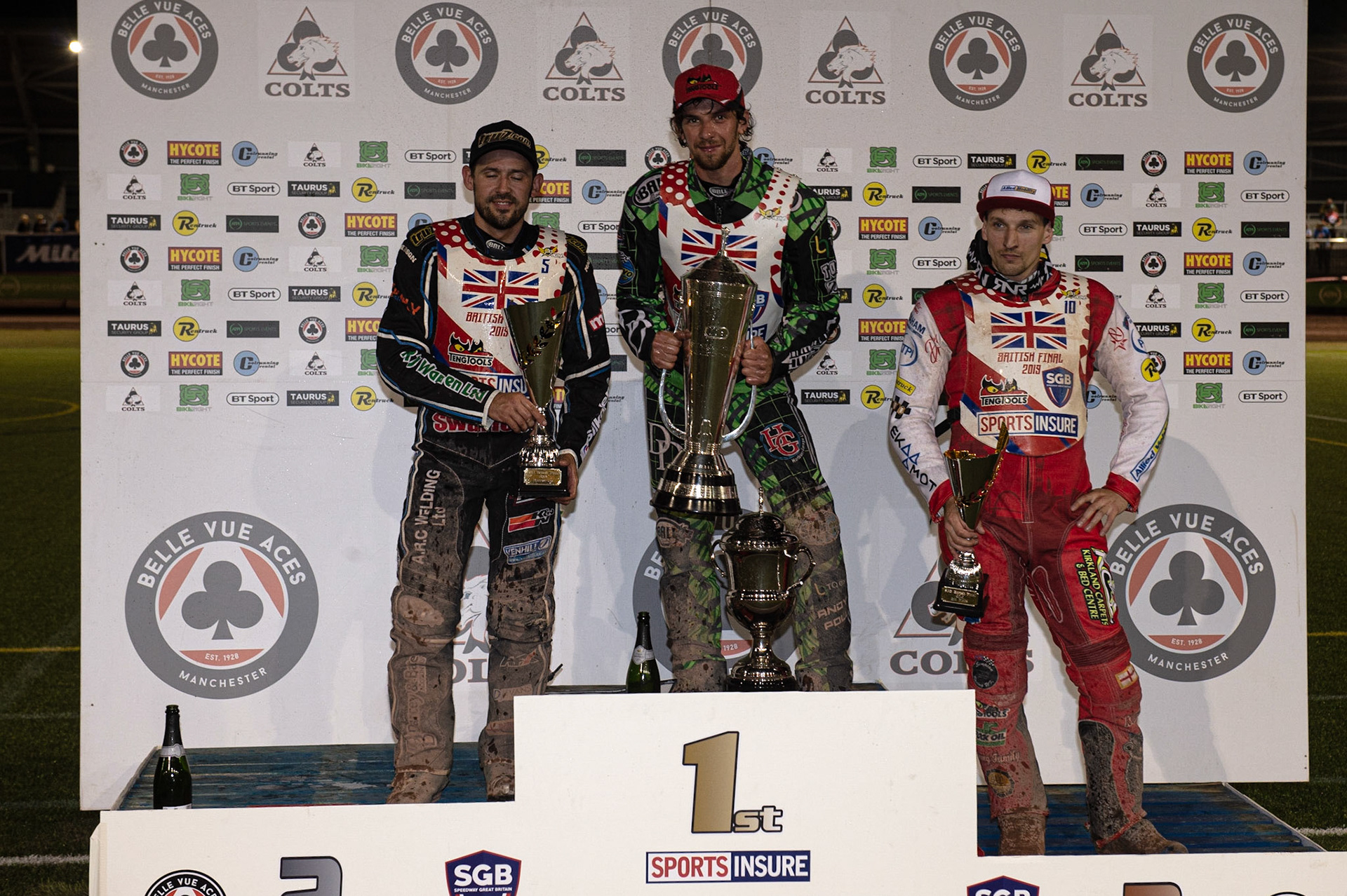 Photo: Ian Charles

British Final Top 3: (l-r) Danny King, (2nd), Charles Wright (1st), Craig Cook (3rd)

Sports Insure British Final,  Belle Vue National Speedway Stadium, Manchester Monday 29  July  2019
