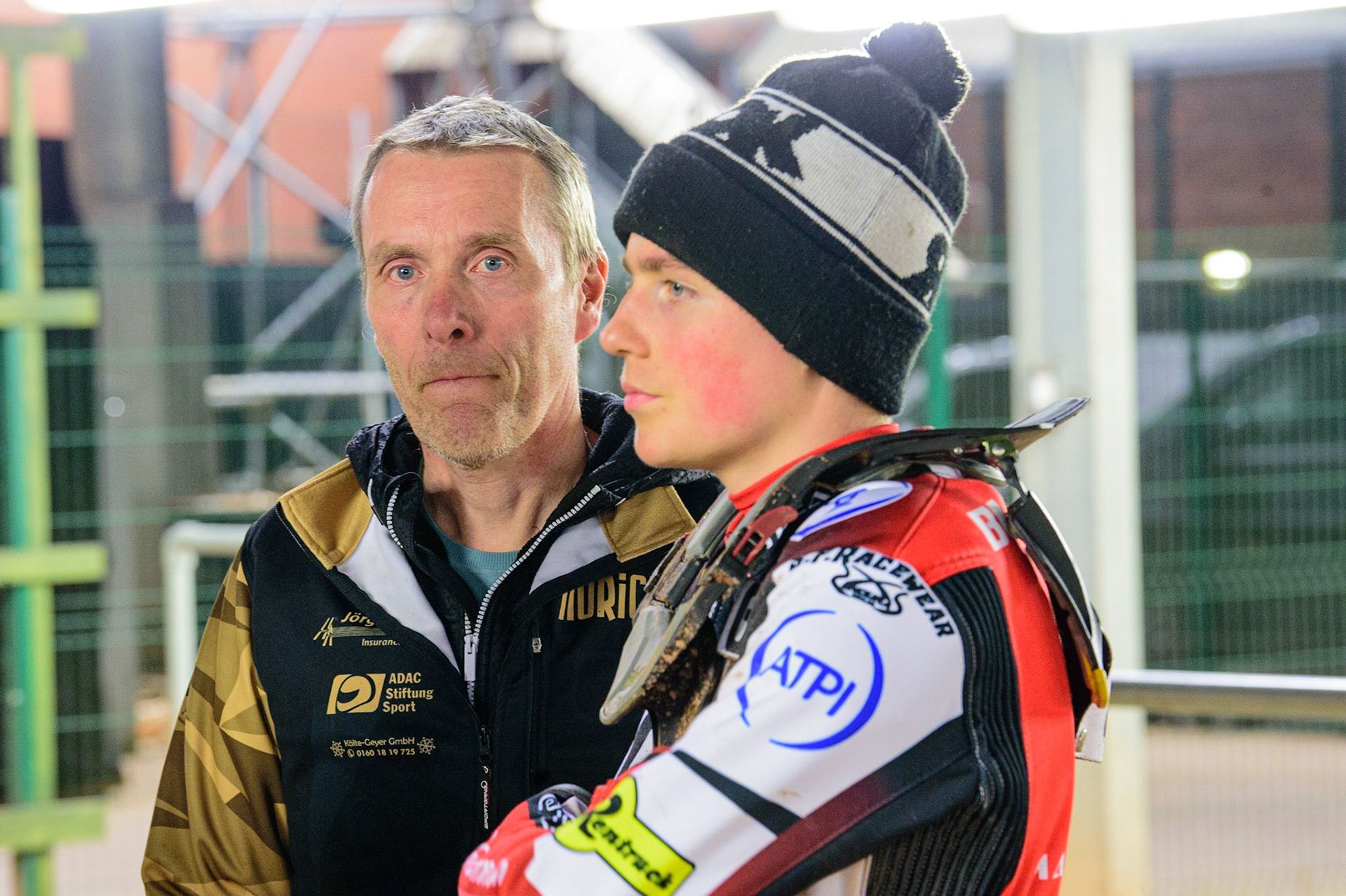 MANCHESTER, UK.  MAR 28TH. Norick Blödorn of Belle Vue  (right) with father Guido  during the SGB Premiership League Cup match between Belle Vue Aces and Sheffield Tigers at the National Speedway Stadium, Manchester on Monday 28th March 2022. (Credit: Ian Charles | MI News)