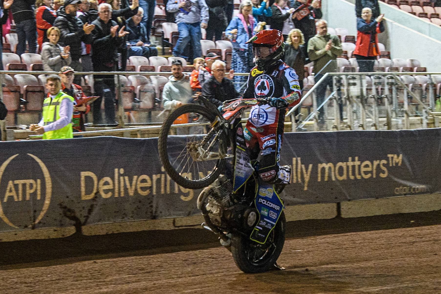Jaimon Lidsey celebrates with a wheelie during the Sports Insure Premiership match between Belle Vue Aces and Sheffield Tigers at the National Speedway Stadium, Manchester on Monday 7th August 2023. (Photo: Ian Charles | MI News)