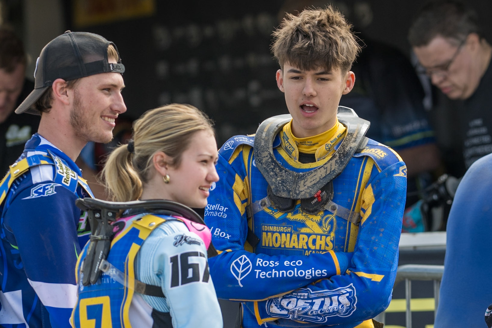 (L to R) Vinnie Foord , Anika Loftus of Edinburgh Monarchs Academy and Jordy Loftus of Edinburgh Monarchs Academy during the WSRA National Development League match between Buxton Bulls and Edinburgh Monarchs Academy at Hi-Edge Speedway, Buxton on Sunday 14th June 2026. (Photo: Ian Charles | MI News)