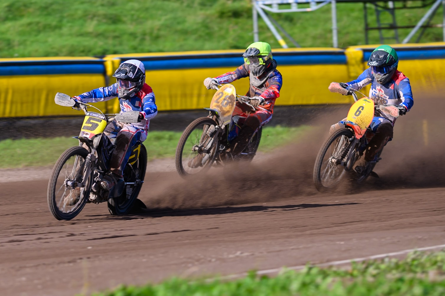 Tino Bouin (5) of France in White leading William Kruit (26) of Netherlands in Yellow  and Jordan Dubernard (6) of Francein Green  during the FIM Long Track of Nations 2026 at the Speed Centre Roden in the Netherlands on Sunday 20th September 2026. (Photo: Ian Charles | MI News)