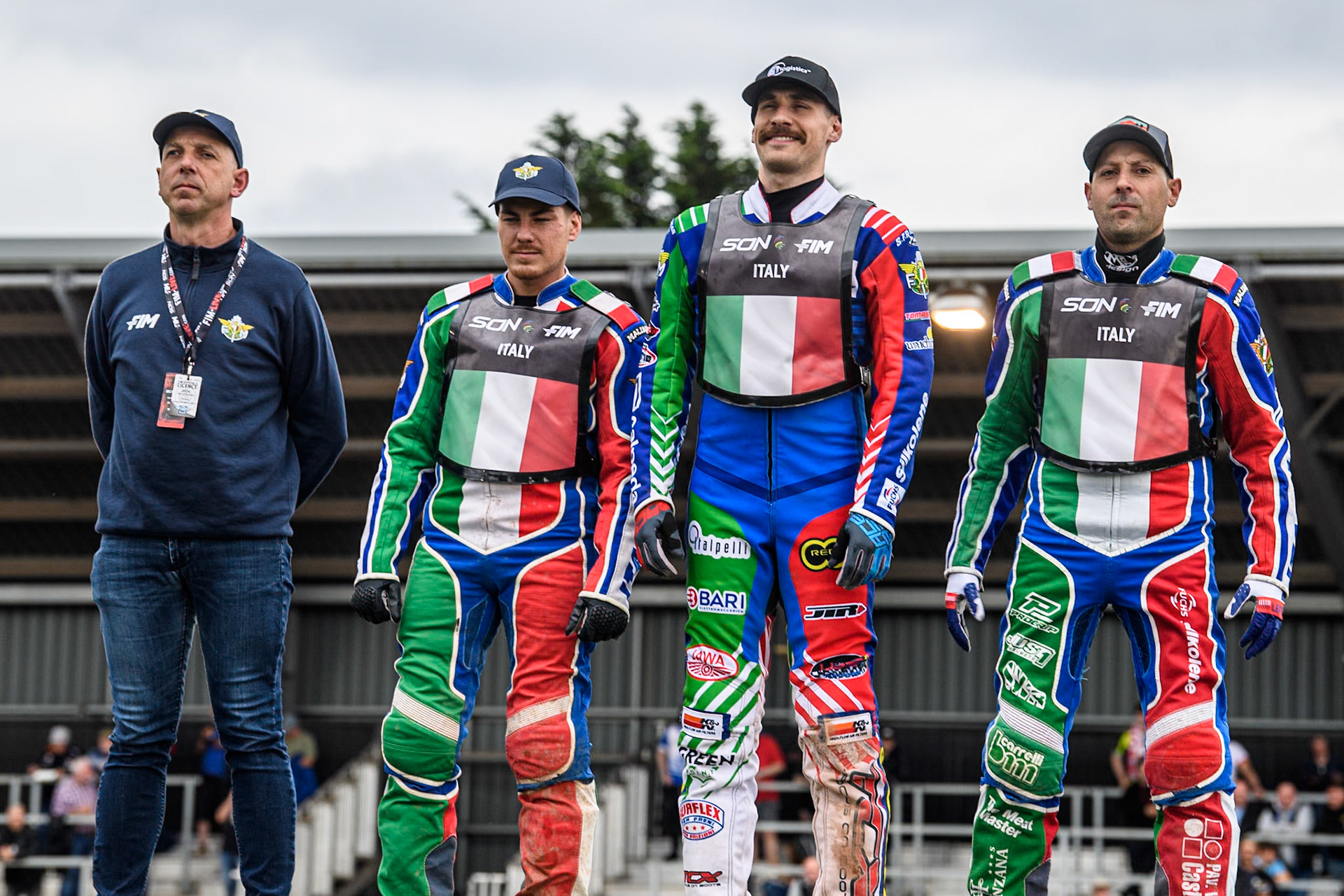 Italy: (L to R) Team manager, Alessandro Dalla Valle, Nicolas Vicentin, Paco Castagna and Nicolas Covatti during the Monster Energy FIM Speedway of Nations Semi-Final 1 at the National Speedway Stadium, Manchester on Tuesday 9th July 2024. (Photo: Ian Charles | MI News)