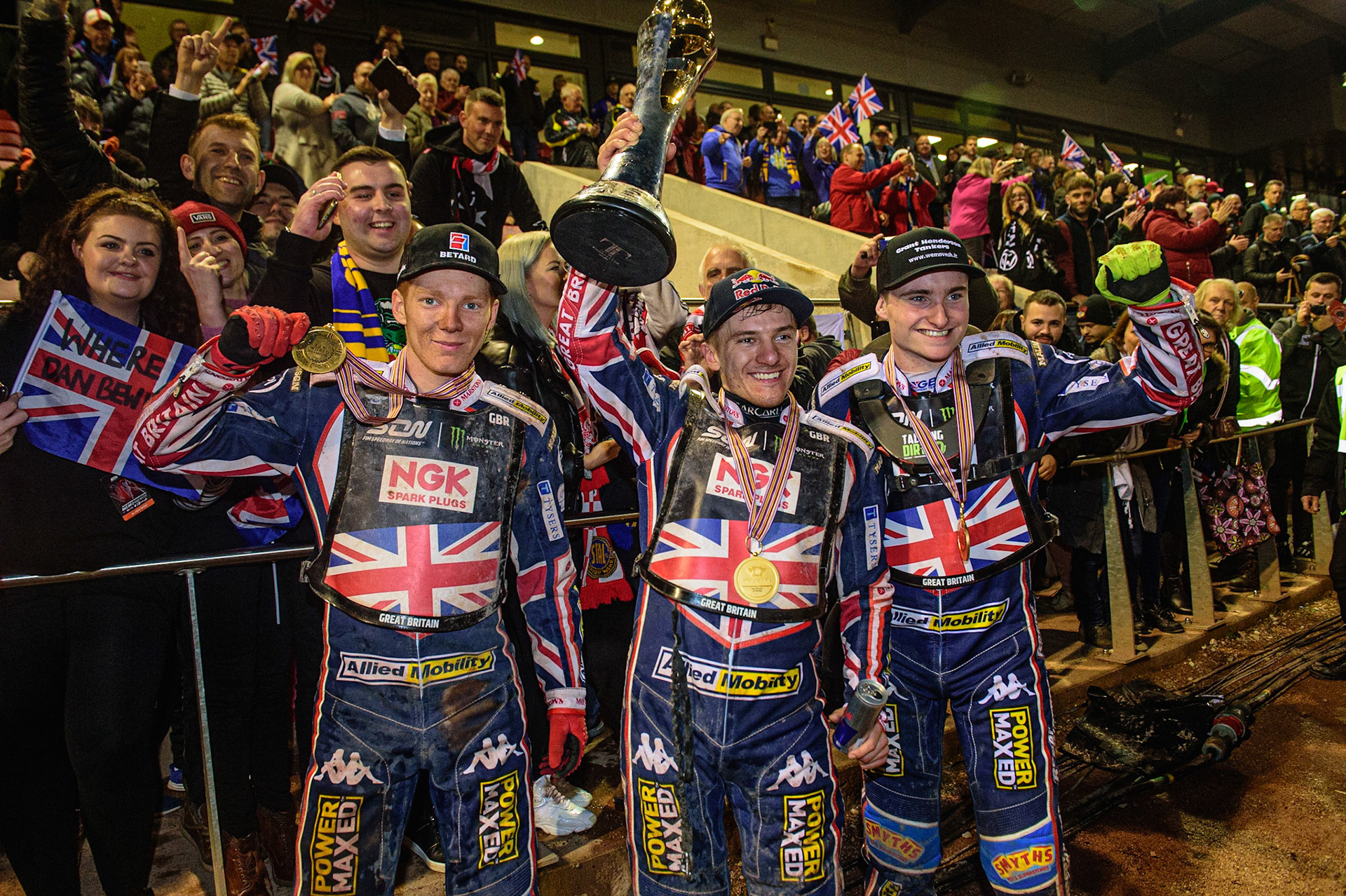 MANCHESTER, UK. OCT 17TH Great Britain - Speedway of Nations Champions celebrate with the British fans (l-r) Dan Bewley, Robert Lambert, Tom Brennan  during the Monster Energy FIM Speedway of Nations at the National Speedway Stadium, Manchester on Sunday  17th October 2021. (Credit: Ian Charles | MI News)