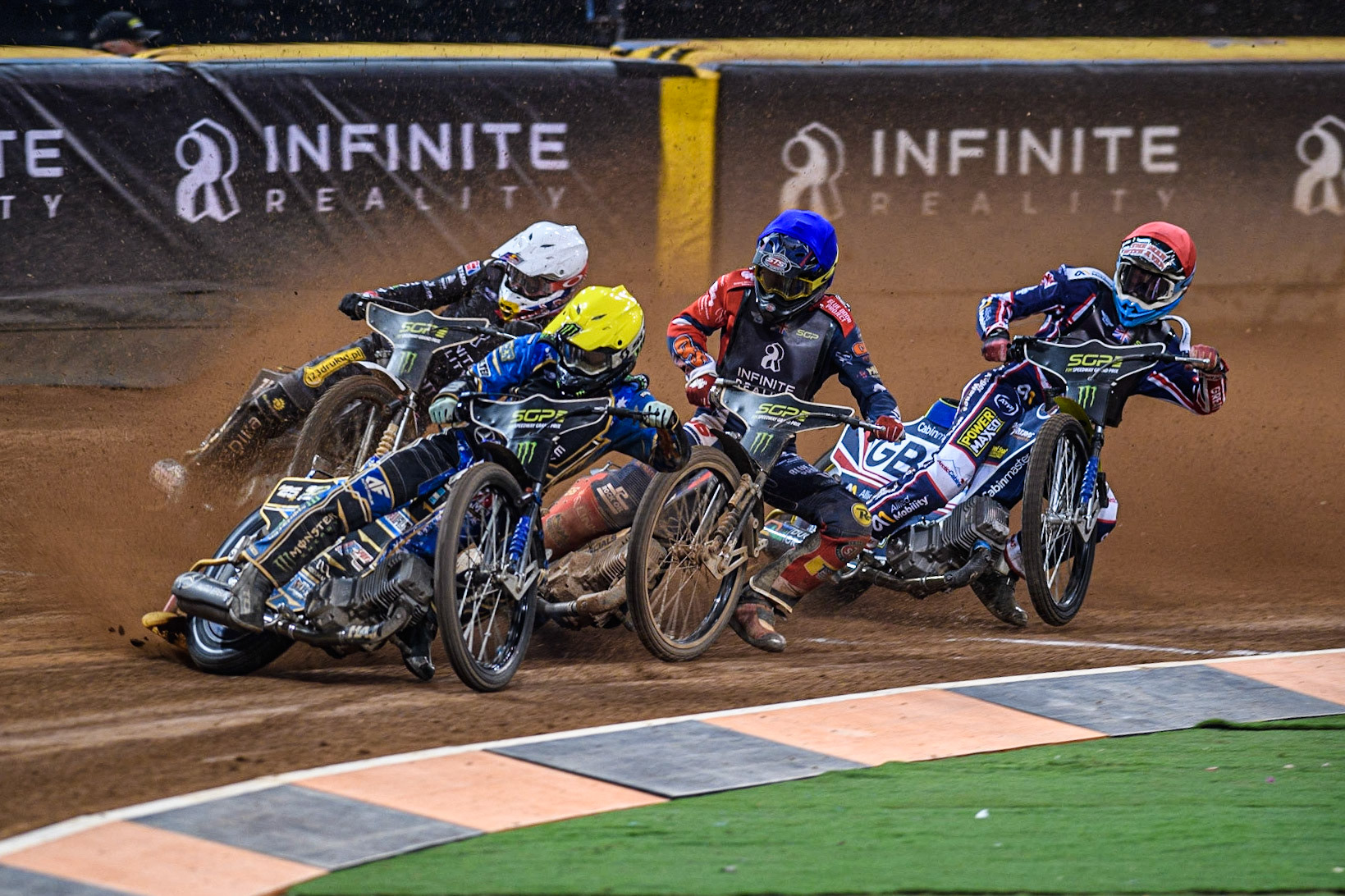 Jack Holder (25) (Yellow) leads  Anders Rowe (17) (White), Steve Worrall (16) (Blue) and Maciej Janowski (71) (Red) during the FIM Speedway Grand Prix of Great Britain at the Principality Stadium, Cardiff on Saturday 2nd September 2023. (Photo: Ian Charles | MI News)