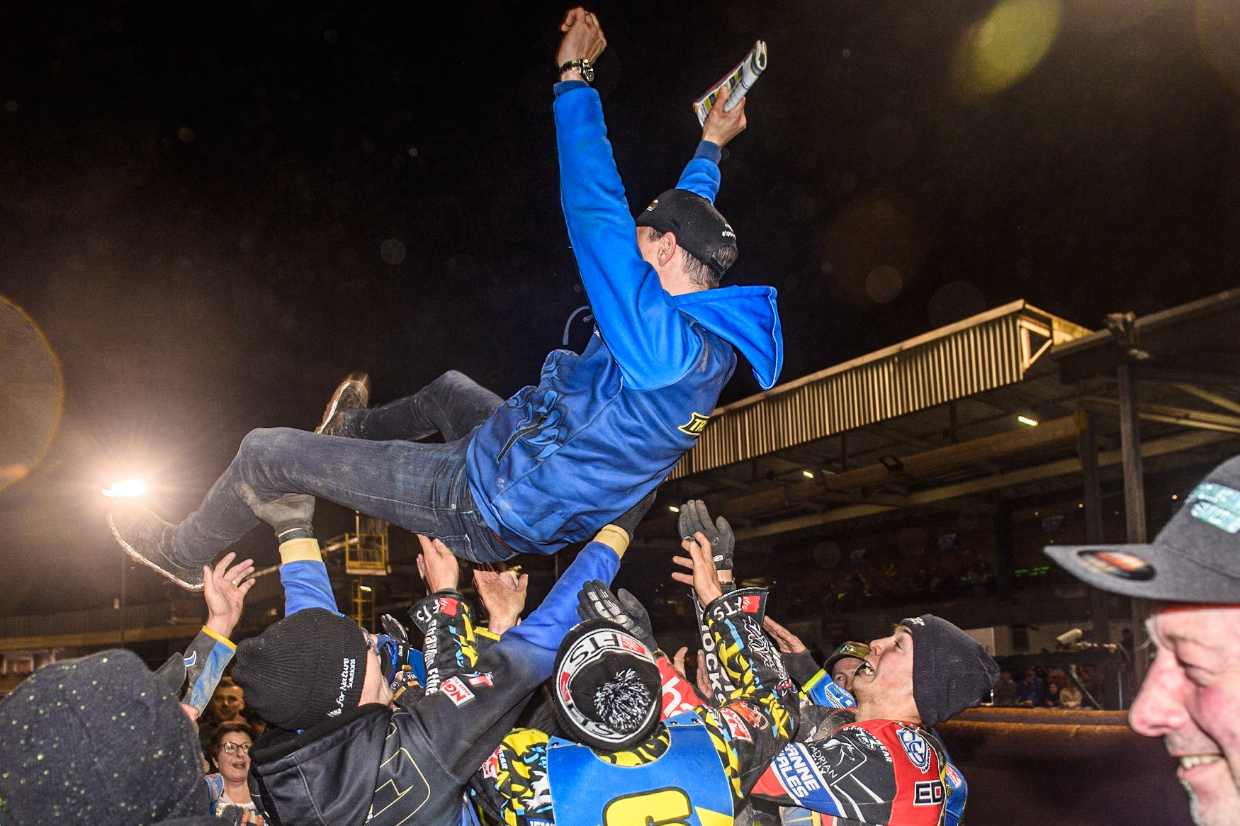 Sheffield Team Manager Simon Stead gets the bumps after the Tigers Premiership win during the Sports Insure Premiership Grand Final Second Leg match between Sheffield Tigers and Ipswich Witches at Owlerton Stadium, Sheffield on Thursday 5th October 2023. (Photo: Ian Charles | MI News)