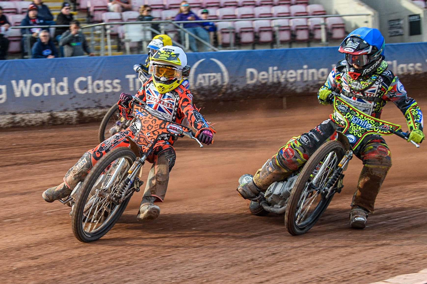 Cooper Rushen (White) leads Jamie Etherington  (Blue) and William Cairns (Yellow) during the British Youth Speedway Championships at the National Speedway Stadium, Manchester on Friday 21st July 2023. (Photo: Ian Charles | MI News)