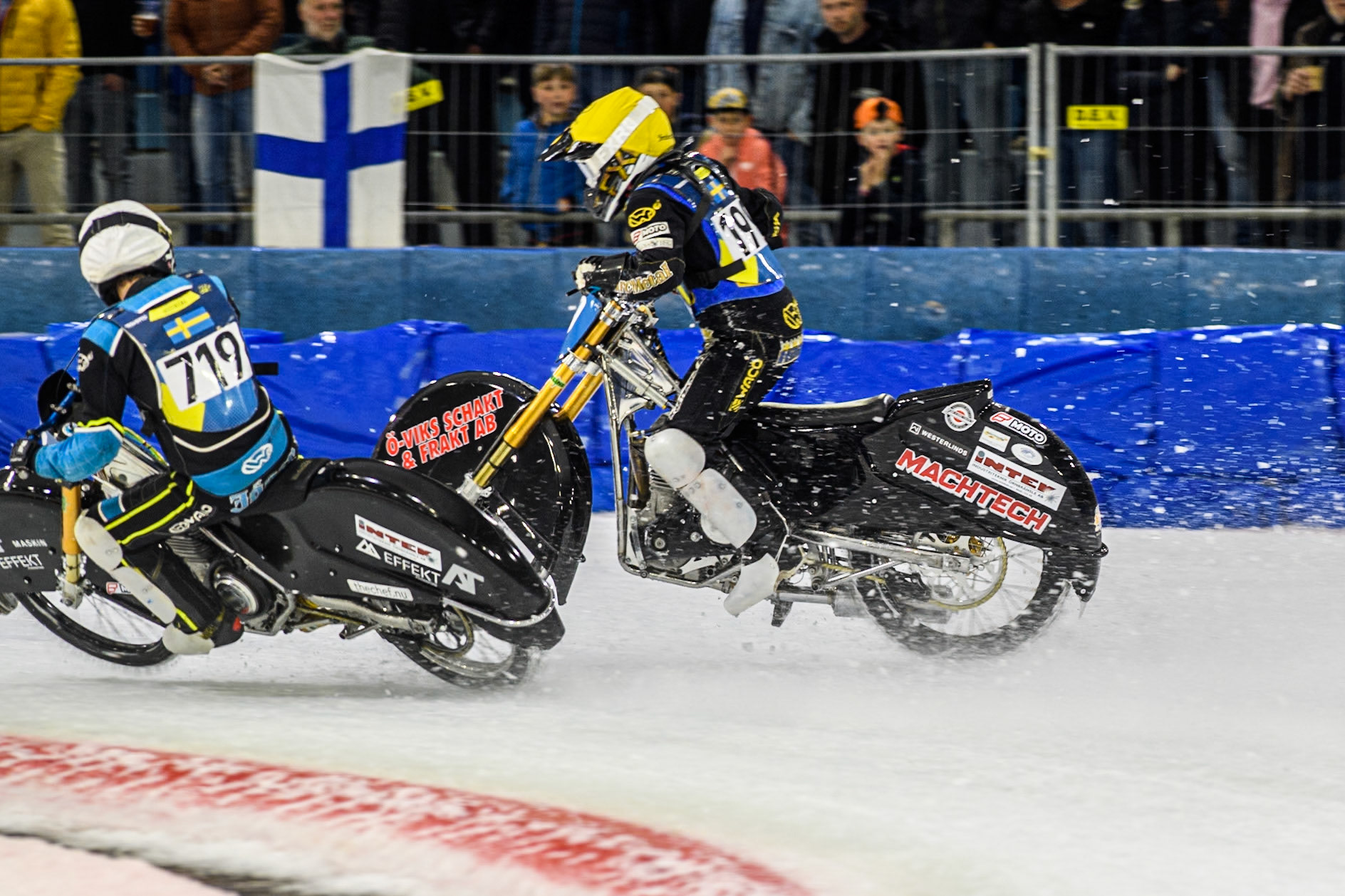 Martin Haarahiltunen (199) of Sweden loses control of his bike during the FIM Ice Speedway Gladiators World Championship, Final 3 at the Ice Stadium, Thialf, Heerenveen on Saturday 5th April 2025. (Photo: Ian Charles | MI News)