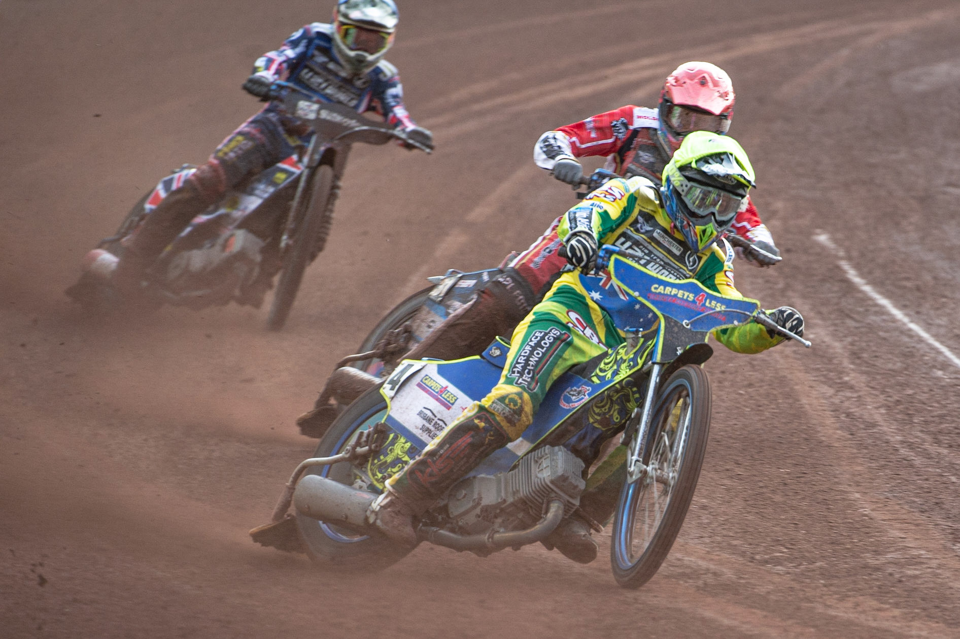 Photo: Ian Charles

Kye Thomson (Yellow) leads Jonas Jeppesen (Red) and Dan Bewley (Blue)

FIM Team Speedway U-21 World Championship, National Speedway Stadium, Manchester Friday 12 July  2019
