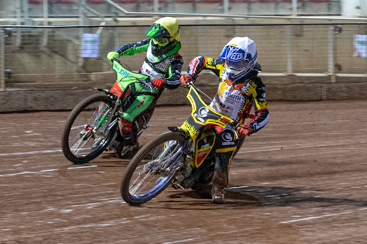 Photo: Ian CharlesMax James (White) inside Luke Harrison (Yellow) (250cc Class)British Youth Speedway Championship (Round 5), National Speedway Stadium, Manchester Saturday  10  October  2020