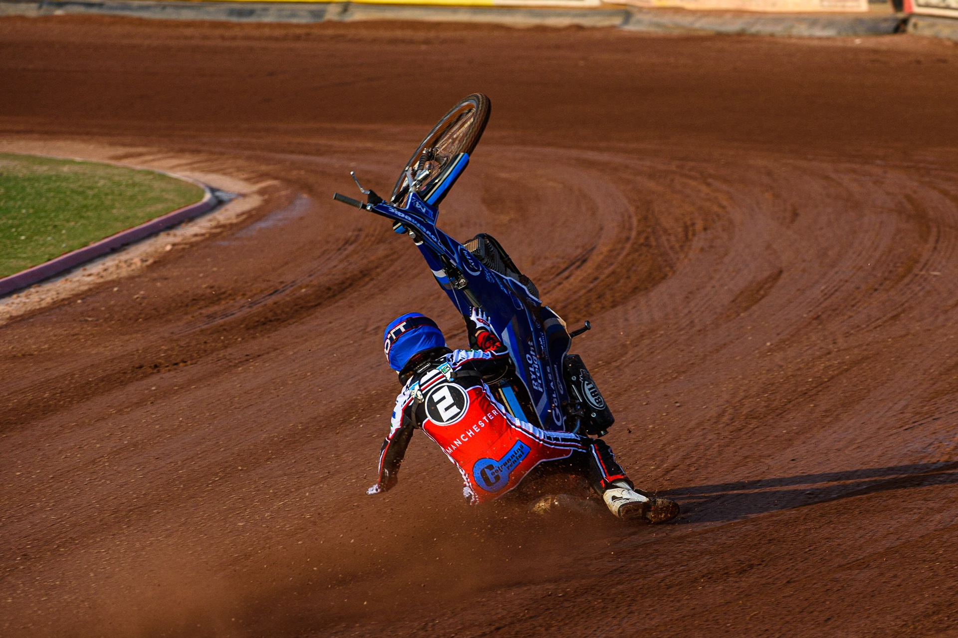 MANCHESTER, UK. JULY 23RD Harry McGurk  \loses control of his machine on the back straight during the National Development League match between Belle Vue Colts and Eastbourne Seagulls at the National Speedway Stadium, Manchester on Friday 23rd July 2021. (Credit: Ian Charles | MI News)
