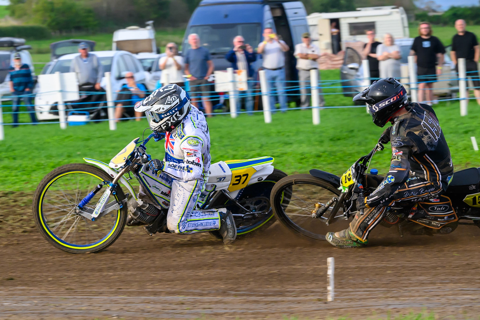 British Masters (Solos): Ashton Vale (152) catches the back wheel of Chris Harris (37)  and comes off during the British Masters Grasstrack Championship at Lower Marsh Farm, Much Hoole, Preston in Lancashire, England on Sunday 13th September 2026. (Photo: Ian Charles | MI News)