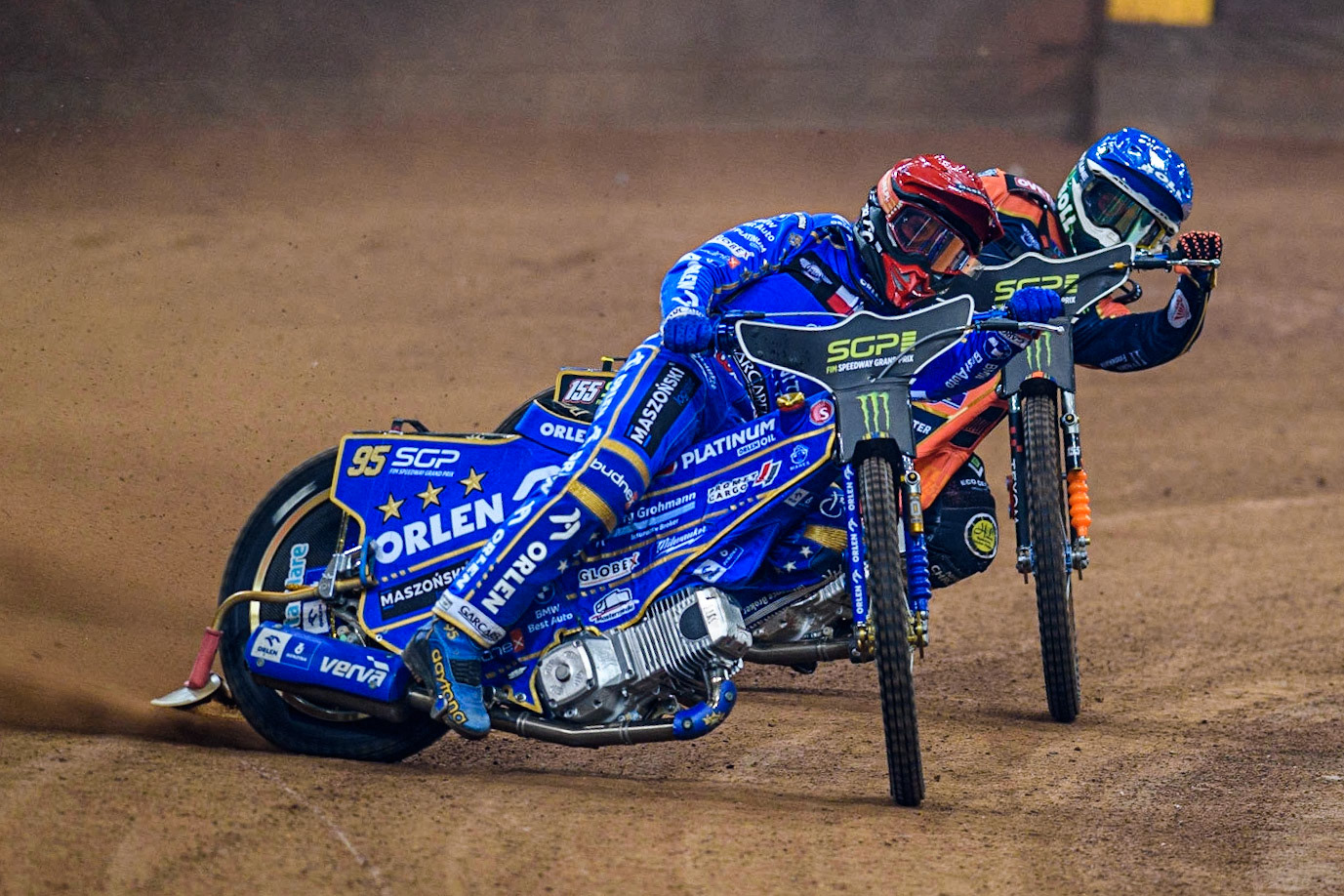 Bartosz Zmarzlik (95) (Red) leads  Mikkel Michelsen (155) (Blue) during the FIM Speedway Grand Prix of Great Britain at the Principality Stadium, Cardiff on Saturday 2nd September 2023. (Photo: Ian Charles | MI News)