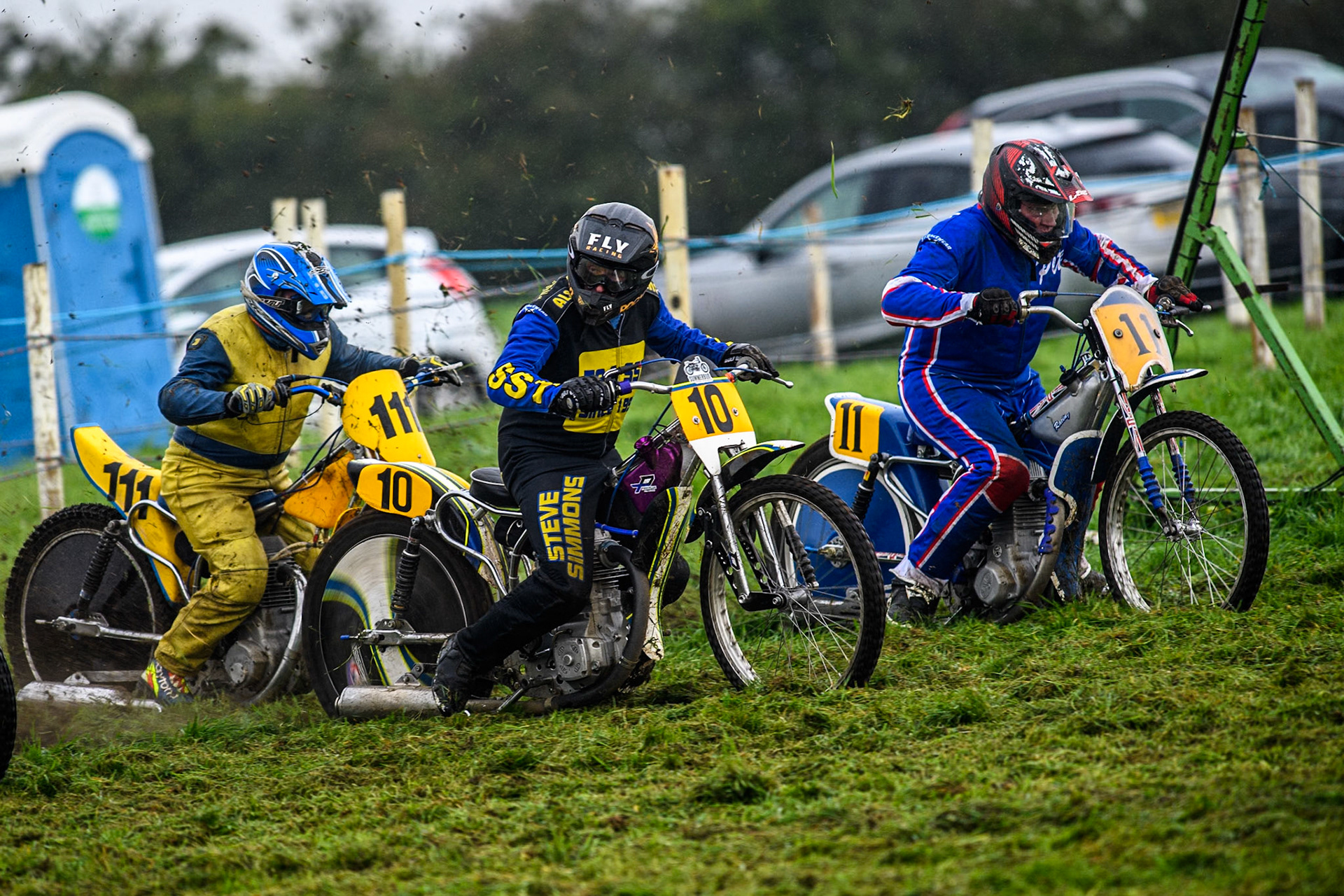 Tony Atkin (10) makes the start from Peter Dugdale (11) and Roger Newton (111) in the 500cc Upright Class during the ACU British Upright Championships at Woodhouse Lance, Gawsworth, Cheshire on Sunday 8th September 2024. (Photo: Ian Charles | MI News)