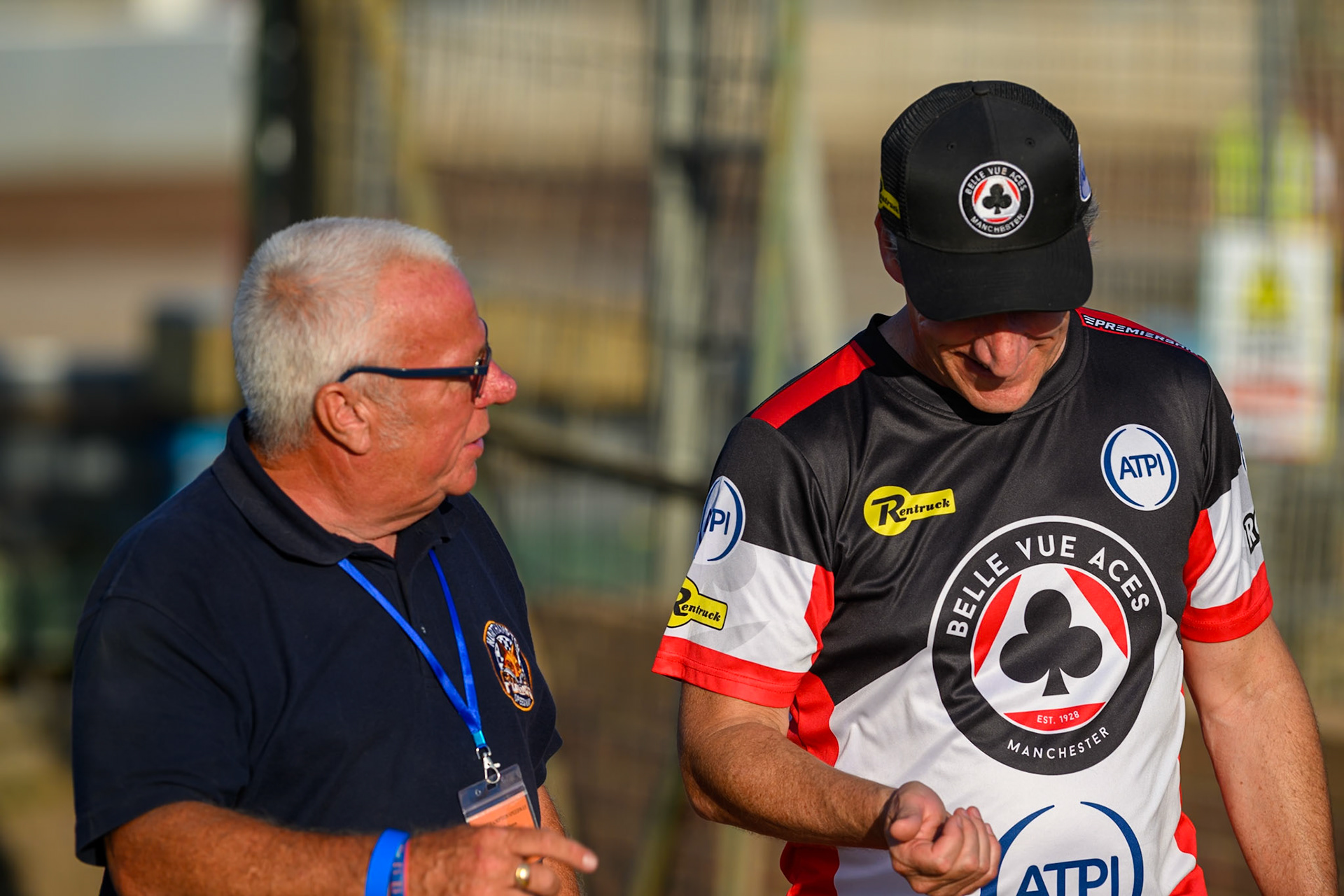 Northampton Co-Promter Tony Gaul (Left)  with Mark Lemon, Team Manager  of Belle Vue Aces during the Rowe Motor Oil Premiership match between Northampton Foxes and Belle Vue Aces at Northampton International Shaleway, Northampton on Thursday 13th August 2026. (Photo: Ian Charles | MI News)