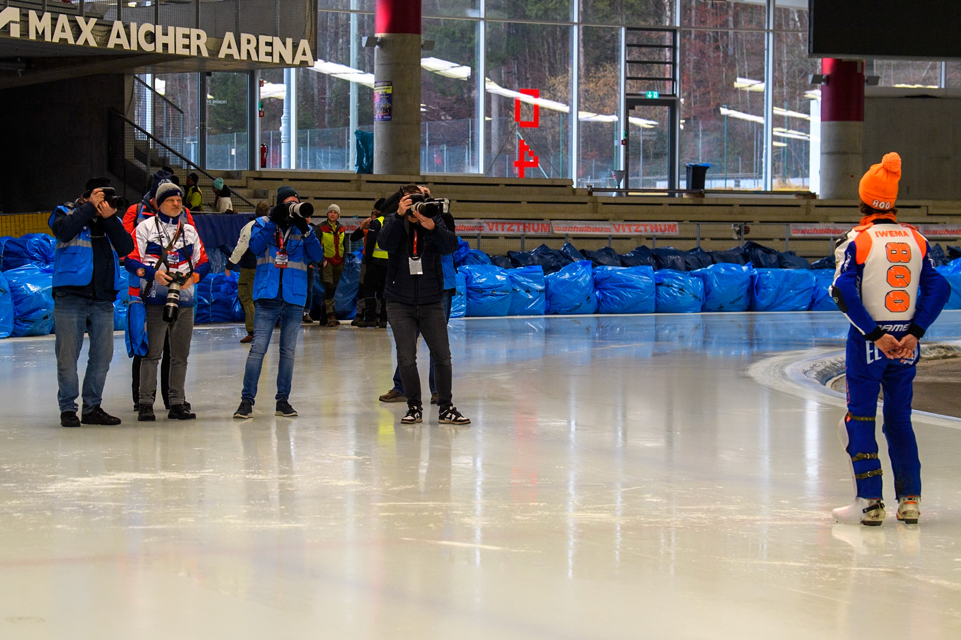 The photographers at the Ice Speedway Gladiators taking formal portraits of Jasper Iwema (800) of The Netherlands  during practice for the Ice Speedway Gladiators World Championship Finals 1 &amp; 2 at Max-Aicher-Arena, Inzell on Friday 14th March 2025. (Photo: Ian Charles | MI News)