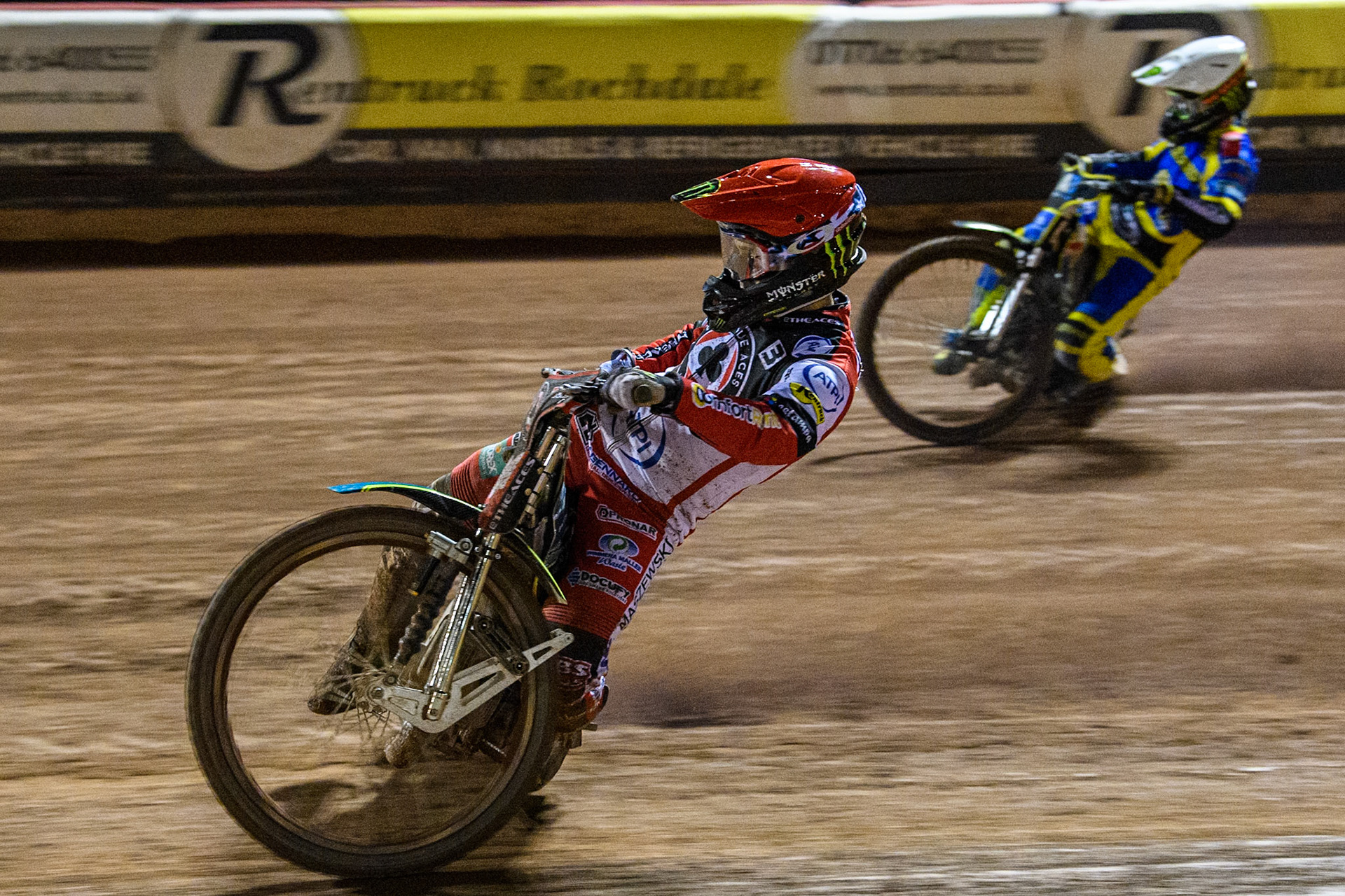 Belle Vue Aces' Jaimon Lidsey  in Red rides inside Sheffield Tigers' Chris Holder  in White during the Rowe Motor Oil Premiership Play Off Semi Final 2, 1st Leg match between Belle Vue Aces and Sheffield Tigers at the National Speedway Stadium, Manchester on Monday 16th September 2024. (Photo: Ian Charles | MI News)