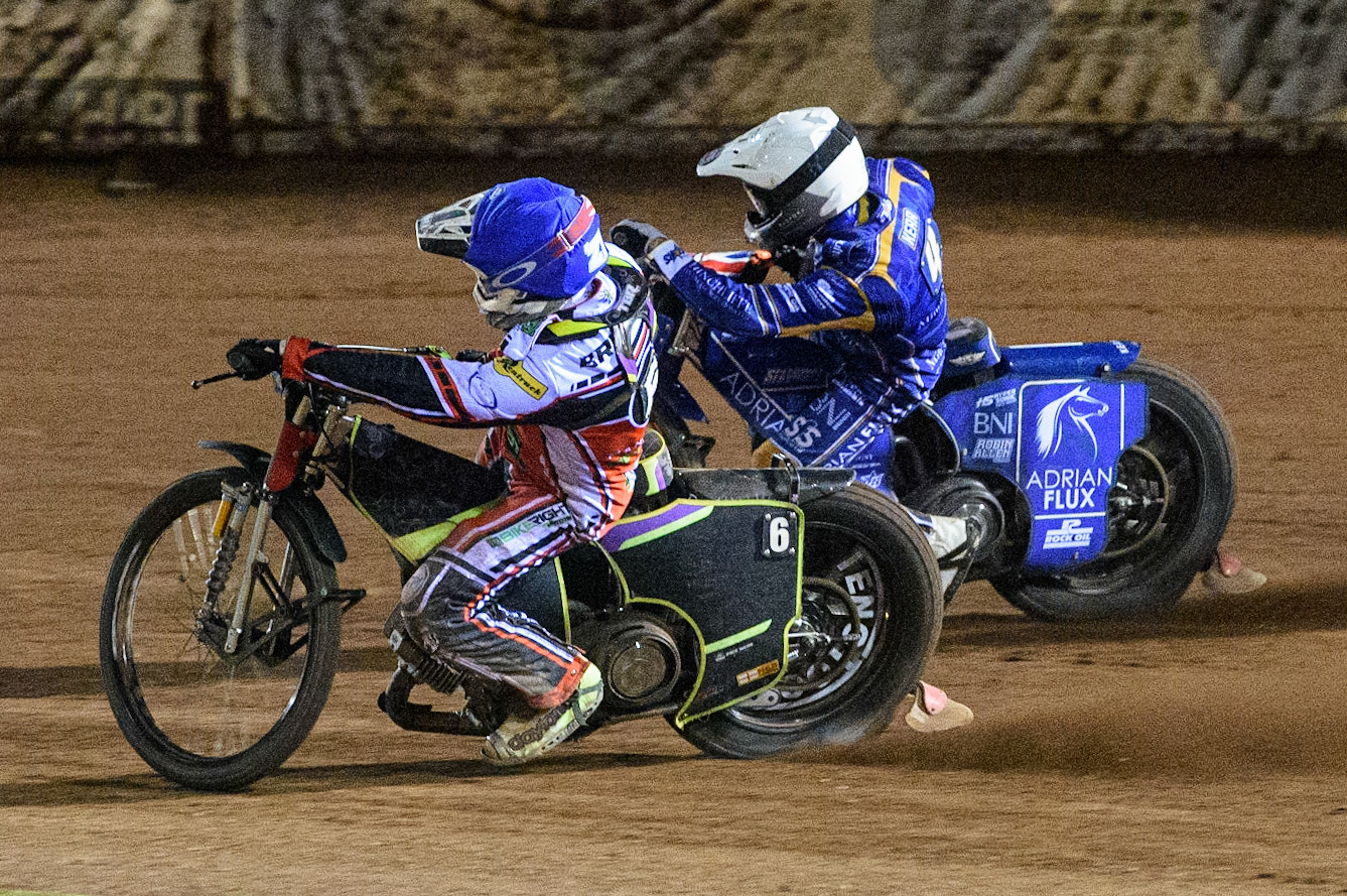 MANCHESTER, UK. SEPT 13TH  Tom Brennan  (Blue) inside Lewis Kerr  (White) during the SGB Premiership match between Belle Vue Aces and King's Lynn Stars at the National Speedway Stadium, Manchester on Monday 13th September 2021. (Credit: Ian Charles | MI News)