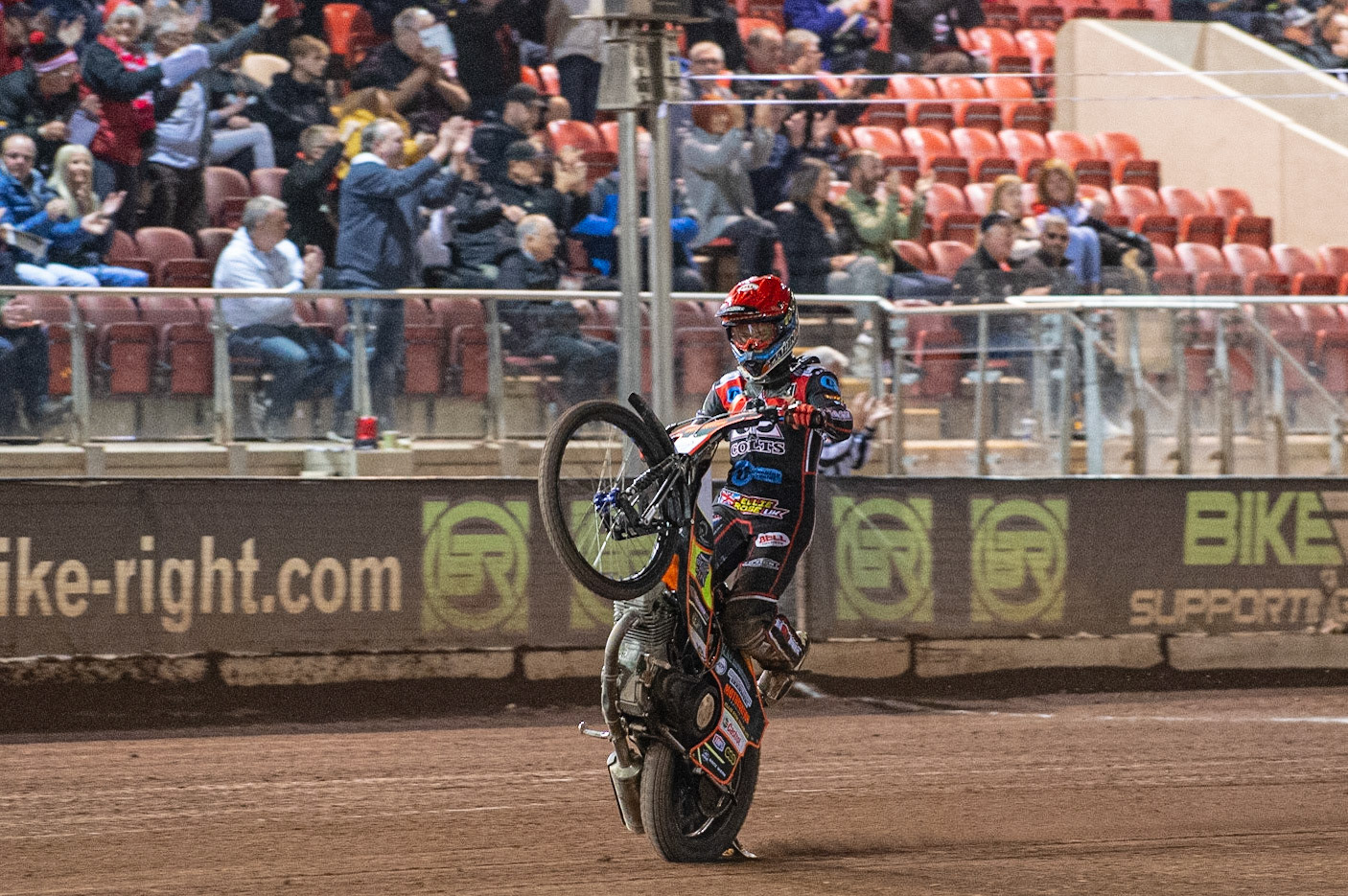 Photo: Ian Charles

Jordan Palin  pulls a wheelie 

Belle Vue Colts v Cradley Heathens, SGB National League KO Cup Semi Final 2nd Leg, Belle Vue National Speedway Stadium, Manchester, Wednesday 18  September  2019