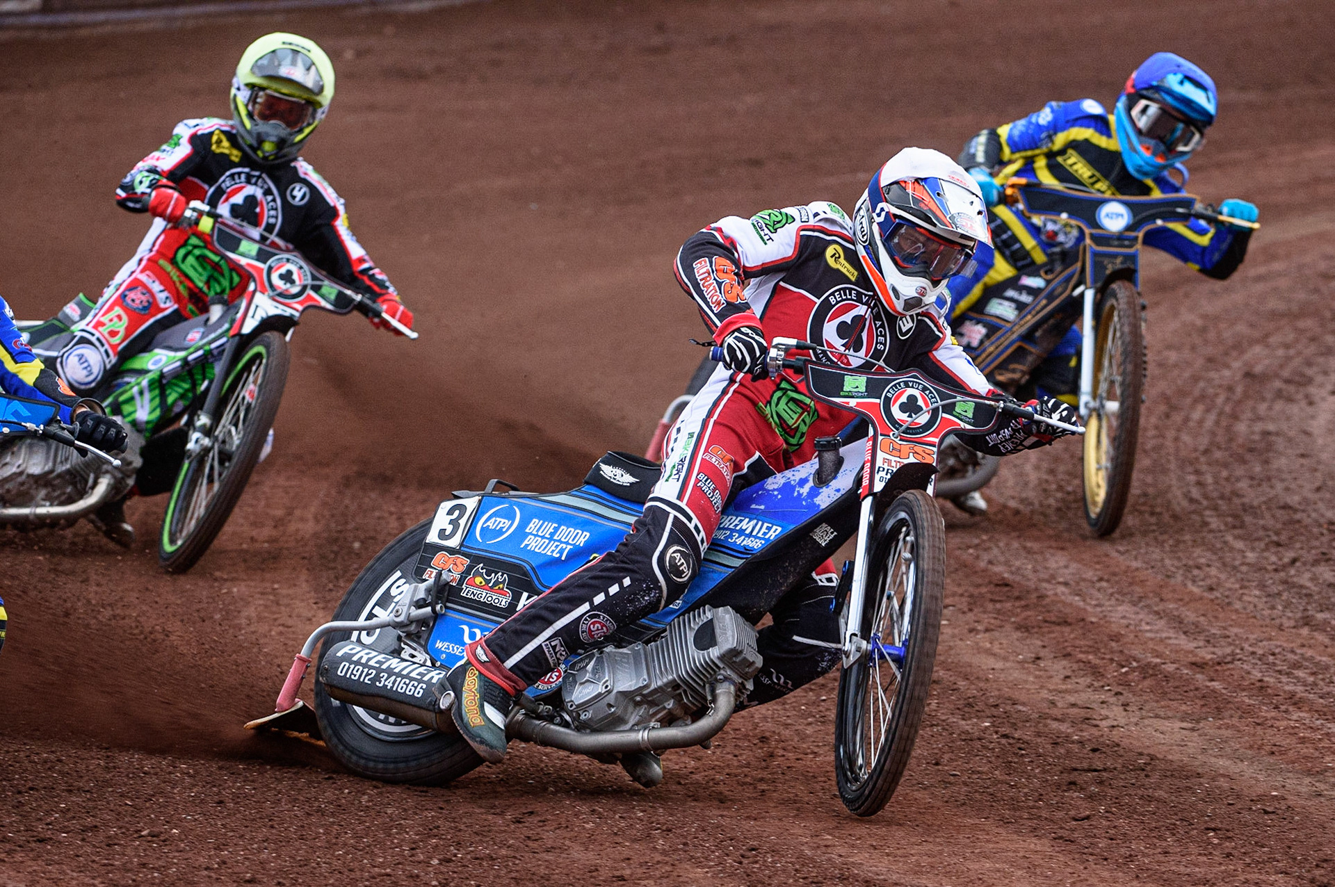 SHEFFIELD, UK. JULY 1ST     Steve Worrall  (White) leads Charles Wright  (Yellow) and Justin Sedgmen   (Blue) during the SGB Premiership match between Sheffield Tigers and Belle Vue Aces at Owlerton Stadium, Sheffield on Thursday 1st July 2021. (Credit: Ian Charles | MI News)